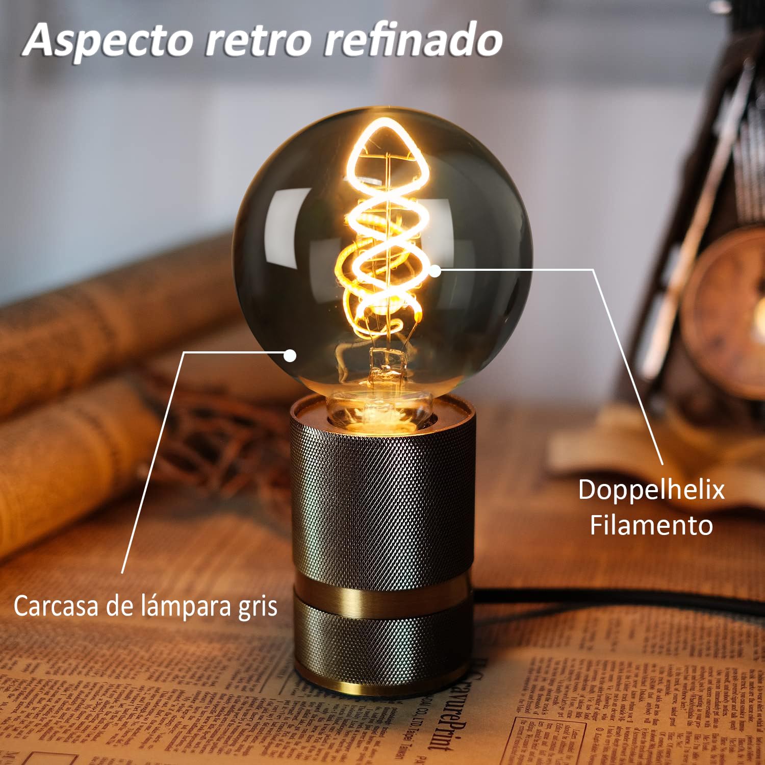 Bombilla Edison Vintage E27,G80 4W Bombilla LED E27 Regulable Ideal Para Iluminación Nostálgica y Retro en la cafetería del hogar, Vidrio gris - 6 piezas（HPS6PBT2）