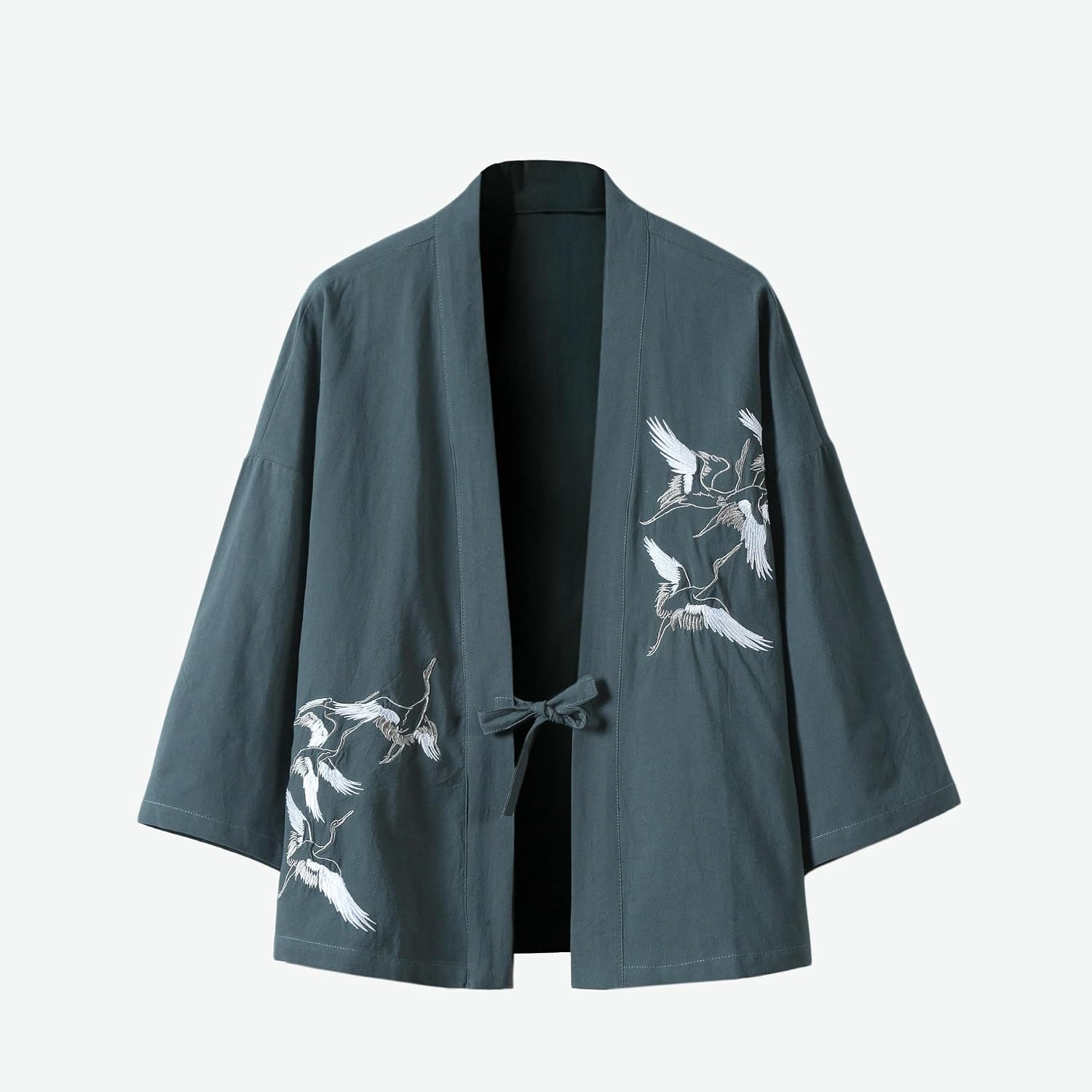 Men's Summer Chinese Style Hanfu Tang Suit Crane Embroidered Cotton Linen Sun Protection 3/4 Sleeve Coat