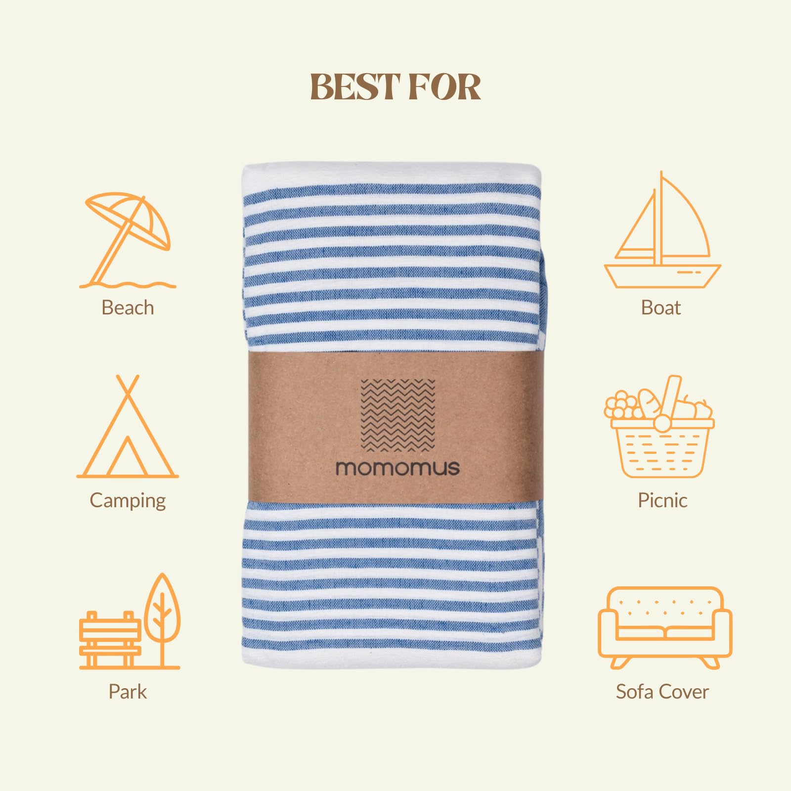 MOMOMUS Fouta de Plage XXL ou Grand Drap de Plage Anti Sable Élégant -Légère, Pliable et au Style Bohème - Couverture pour Pique Nique sans Sable - Bleu, 210x240 cm