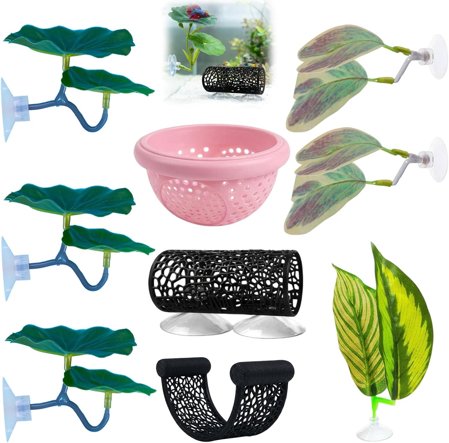 Betta Fish Hammock Set, 9-Piece Aquarium Decor with Pink Leaf Hammocks, Floating Leaves, Double-Ended Leaf, Black Hide Tunnel, and Curved Hammock for Betta Fish Tanks