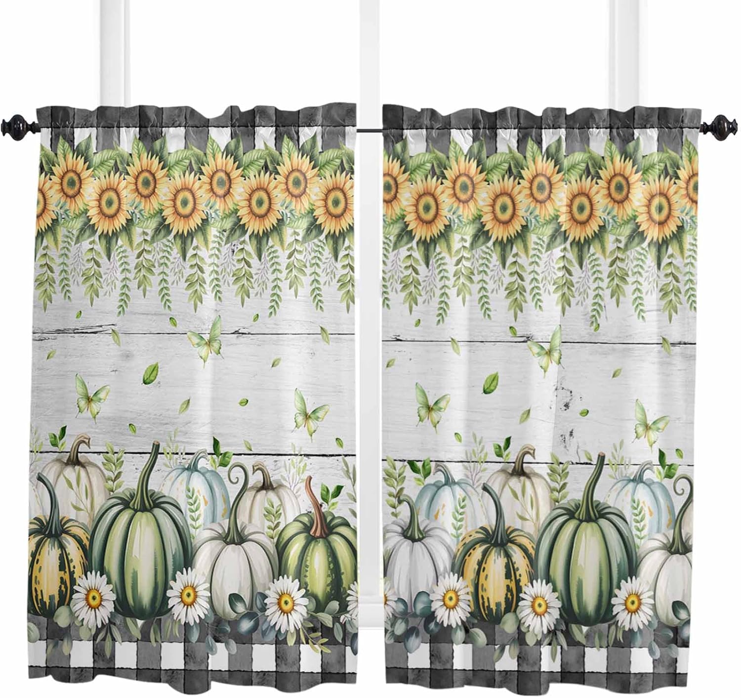 Green Pumpkin Fall Kitchen Curtains, Thanksgiving Sunflower Daisy Gray Wood Plaid Light Filter Window Curtain, 2Pcs Rod Pocket Window Treatments Set for Living Room Bathroom Bedroom 52x72 Inches
