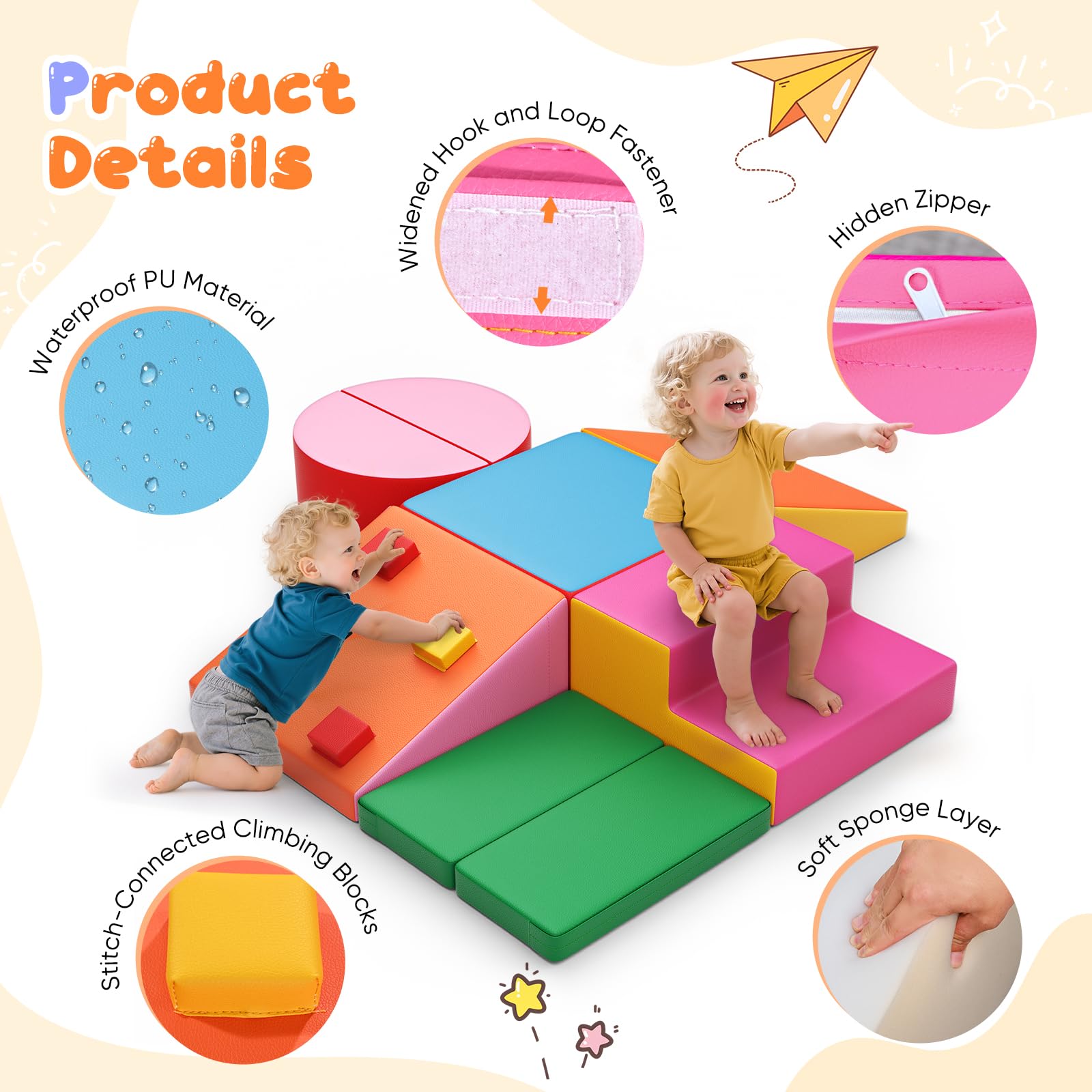 Baby-Schaumstoffbausteine, Softplay-Set für Kleinkinder von 1–3 Jahren, Baby-Kletterturm mit Rutsche, große Bausteine ​​für Kleinkinder (bunt-7-Lederabdeckung)