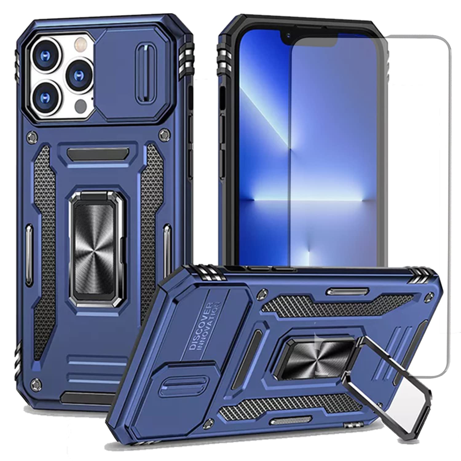 STORE MANIAiPhone 14 Pro Max Case with Camera Slide Cover, Kick Stand, Magnetic Plate, Heavy duty, Shock Absorption, Anti-Scratch Cover with Tempered Glass Screen Protector.(iPhone 14 Pro Max Blue)