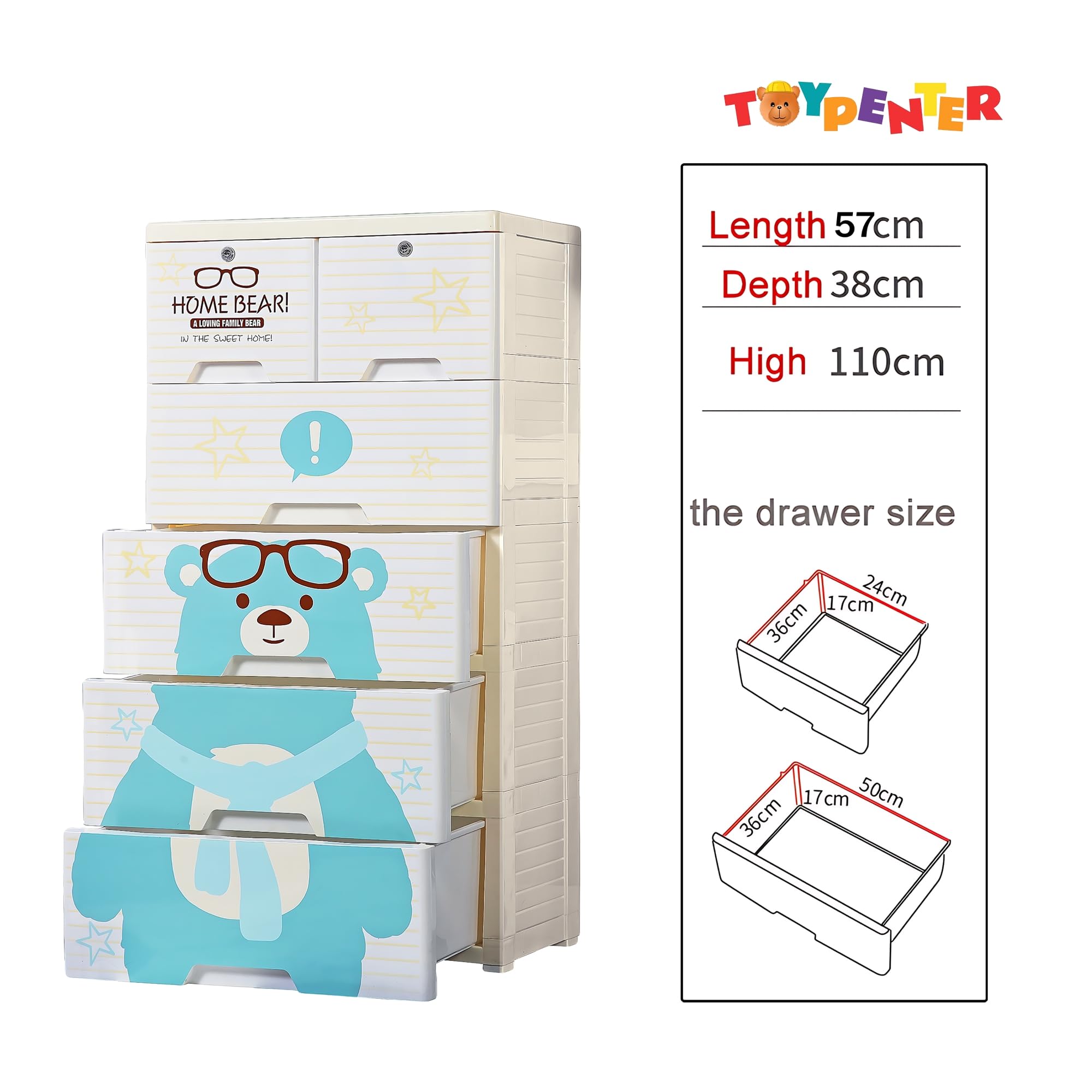 TOYPENTER 5 Layers High Density Plastic Storage Cabinate With Wheels I Collapsible Kids Clothing Wardrobe | Portable Waterproof Multipurpose Storage/Adjustable 6 Drawers Almirah for Babies (Home Bear) 3