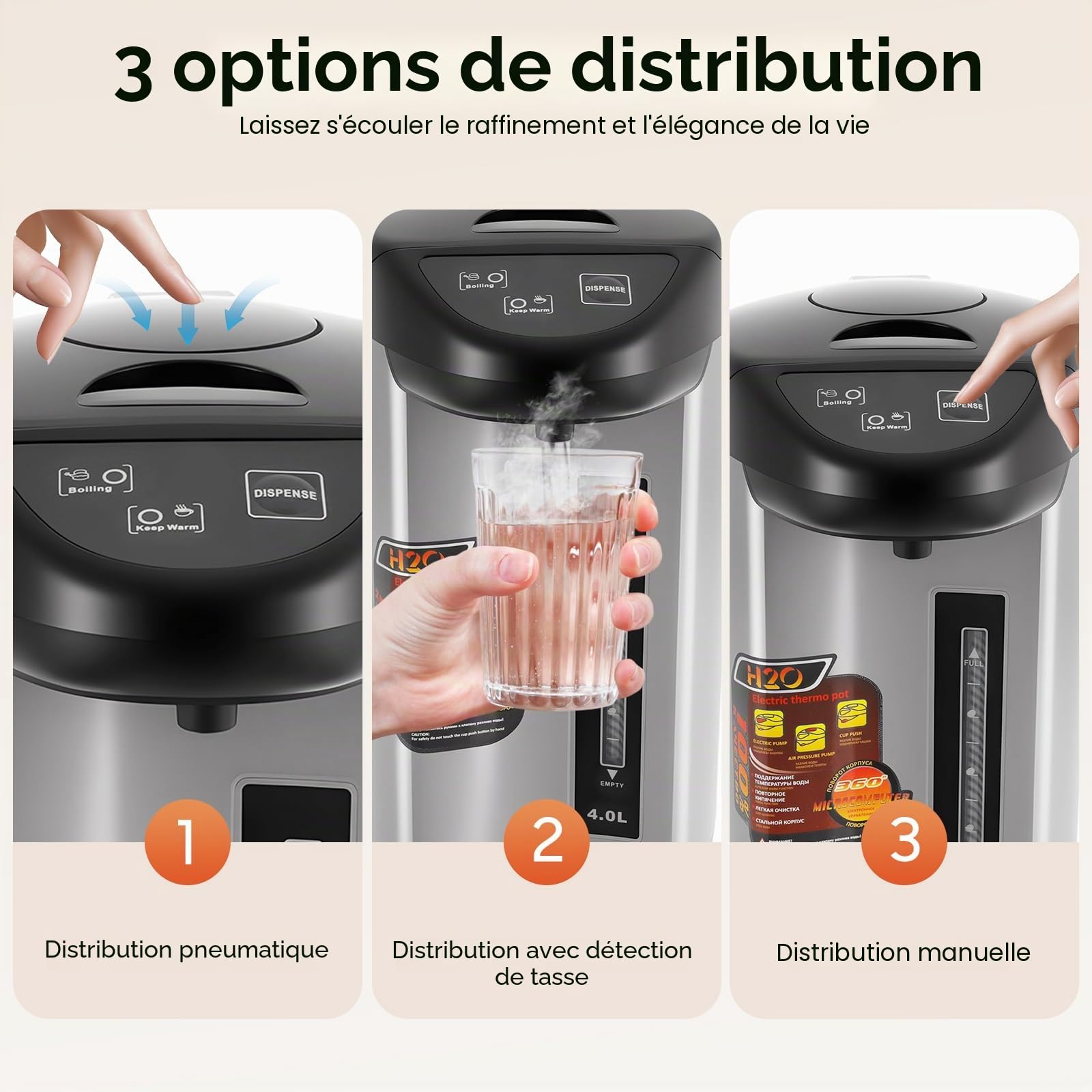 Distributeur d'eau chaude 4 L Bouilloire Bouilloire Thermopot Distributeur électrique d'eau chaude thermos 750 W (Noir)