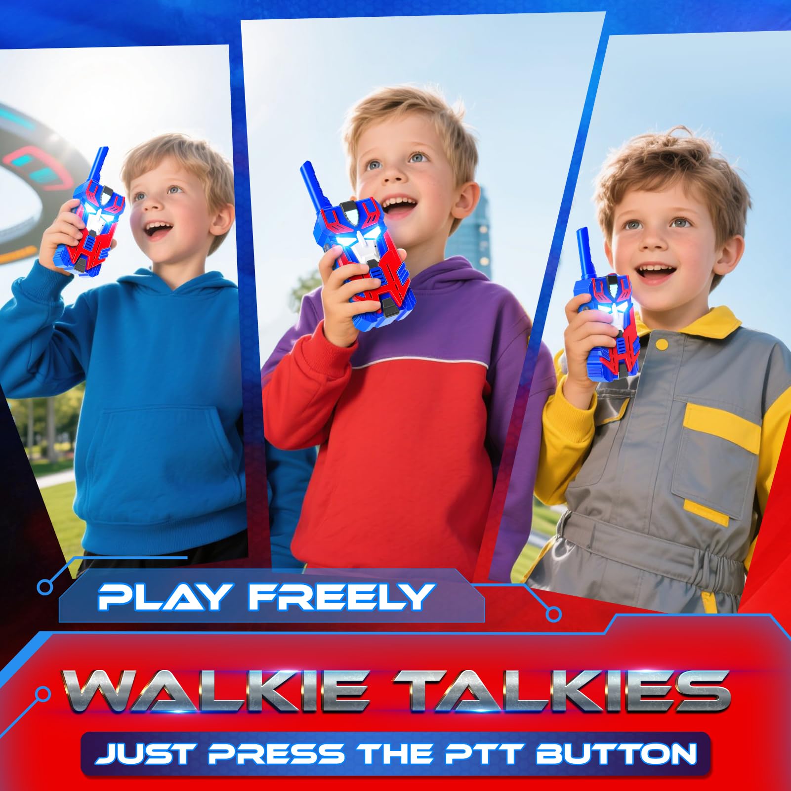 Transform Toys Walkie Talkies para niños, paquete de 2 robot líder azul, rango de 2500 pies, luces de ojos geniales para 3, 4, 5, 6, 7, 8, 9, 10 años, juguetes de campamento al aire libre, regalos de 7