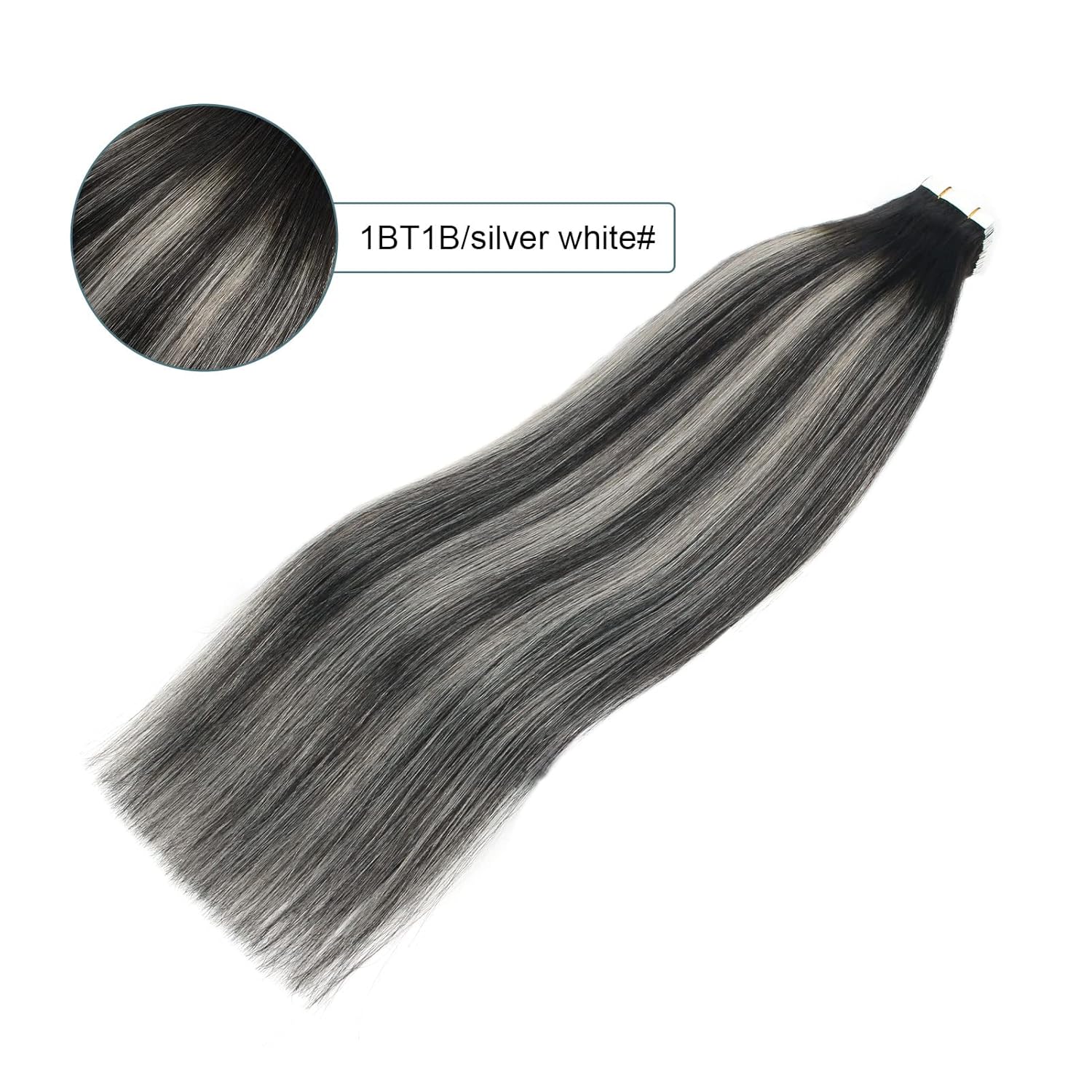 Sassina Invisible Tape-in Hair Extensions: Human Real Hair, 16 Inch Ombre, Natural Black to Silver Balayage, Straight, Skin Weft, 20 Pcs 50g