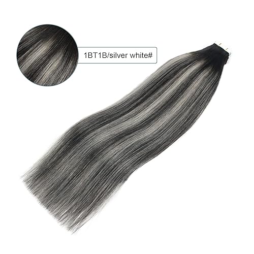 Miniatura 6 de Sassina Extensiones invisibles de cabello con cinta adhesiva cabello humano real, 16 pulgadas degradado, balayage natural de negro a plateado,