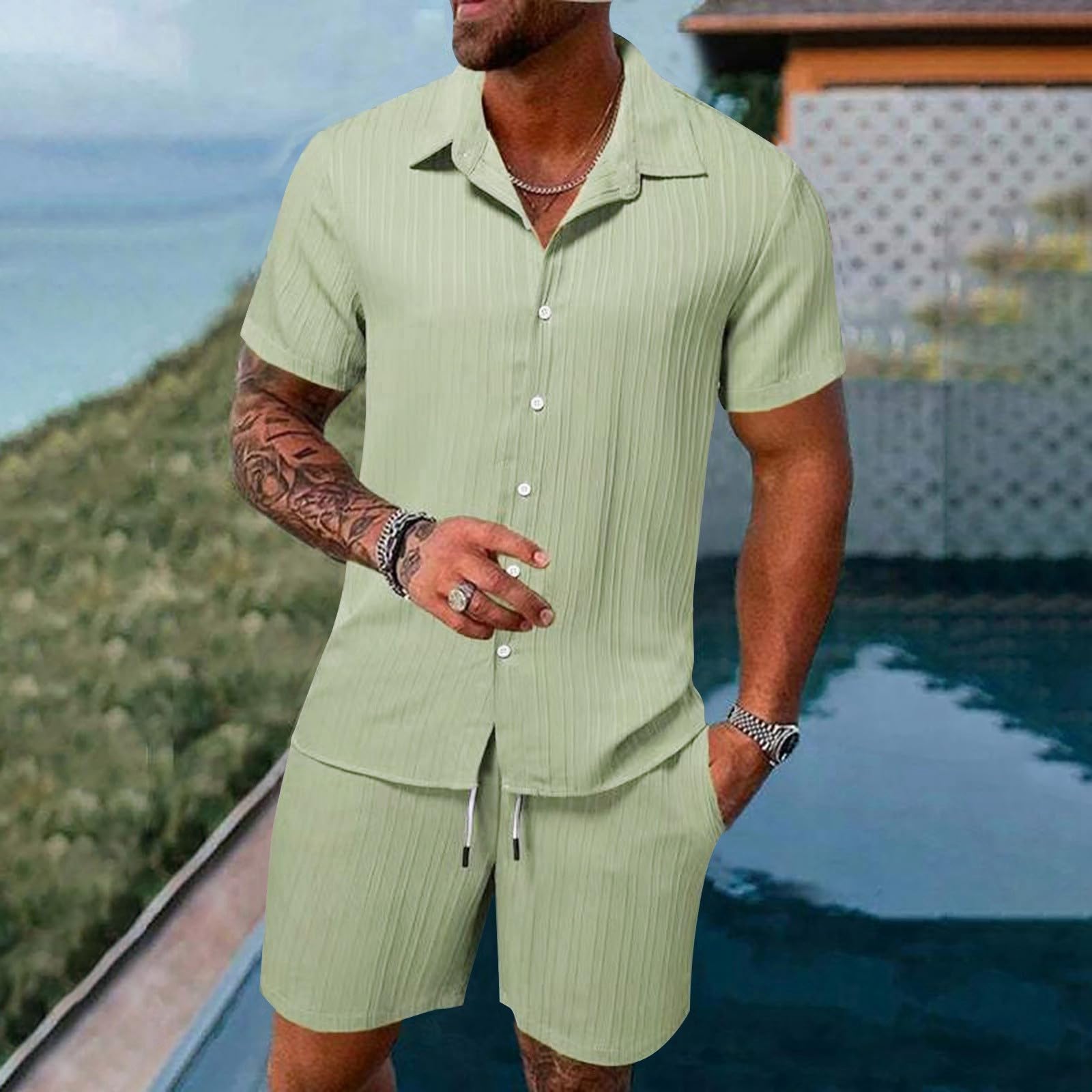 Chemise et Short pour Hommes 2 Pièces Tenues Décontractées Vêtements d'Été Vacances Plage Mariage Costumes Ensemble Jogging Homme Court Été S-3XL