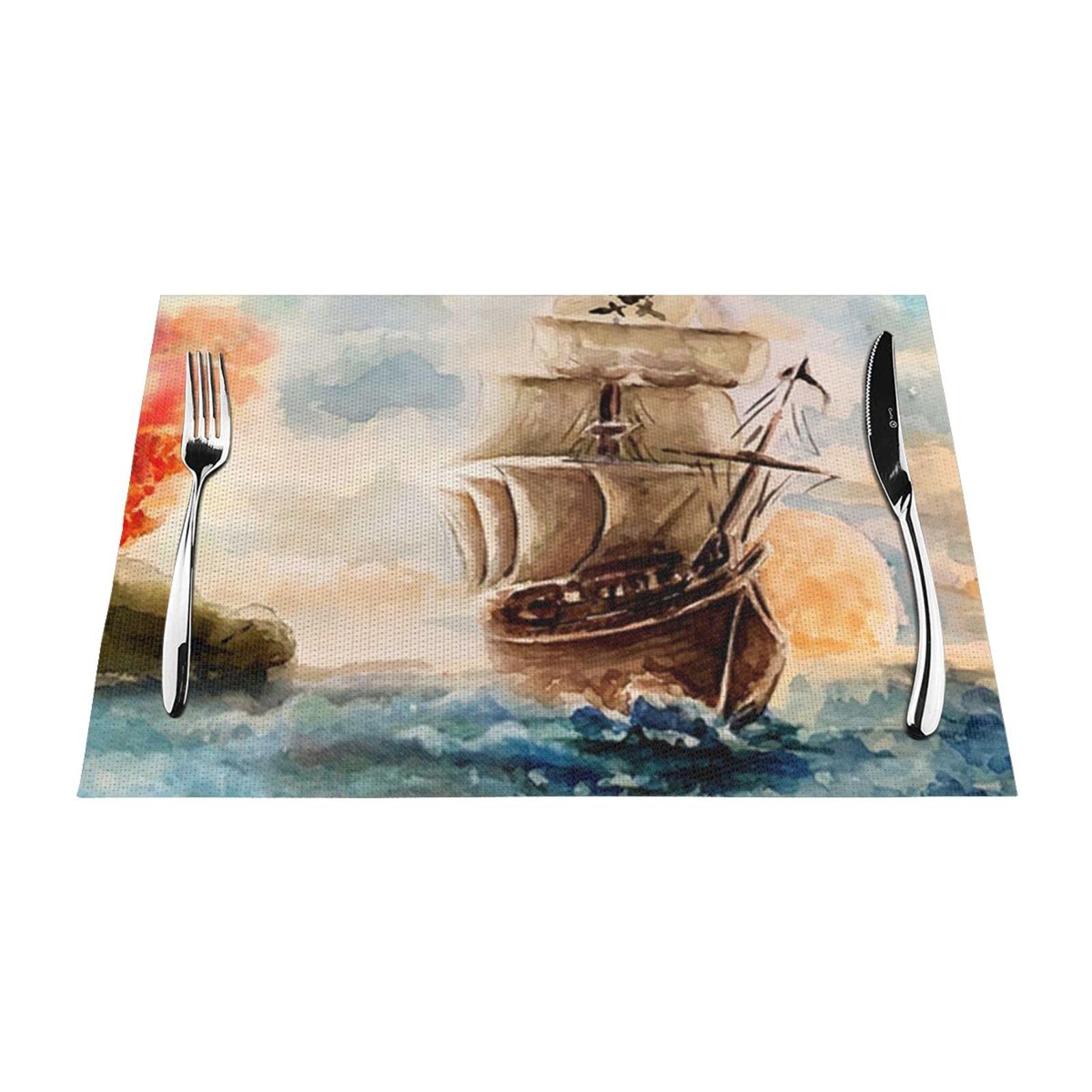 PVC Placemat Set of 4 PCS, 45x30 CM, Nautical Sailboat Printed Non-Slip Heat Resistant Place Mats for Kitchen Dining Table Indoor Outdoor