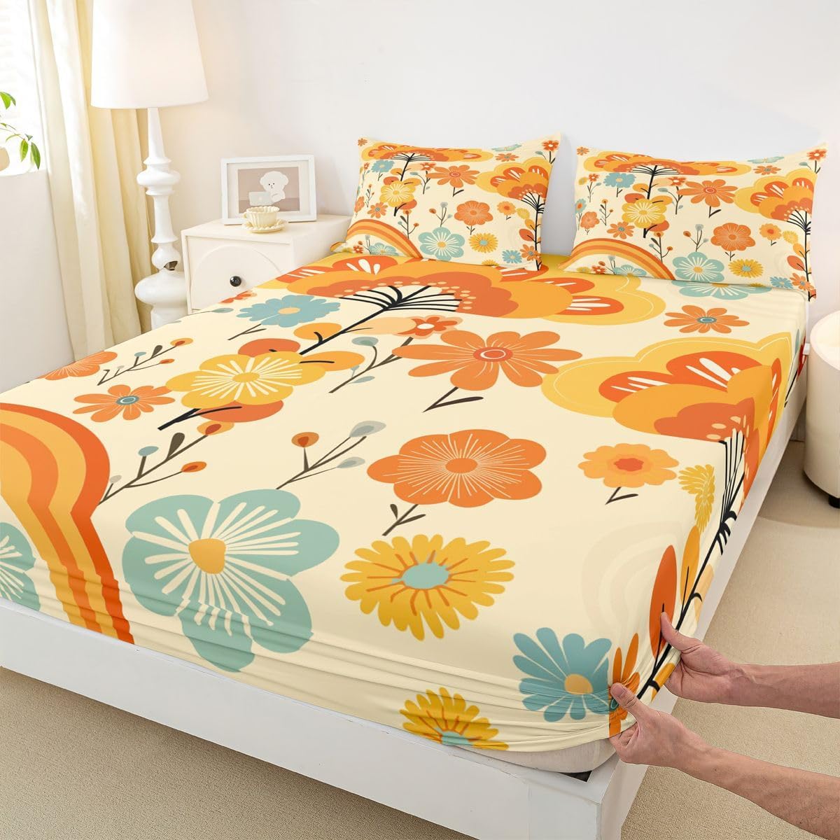 Erosebridal Groovy Flower Twin Bed Sheets, 60S 70S Retro Floral Fitted Sheet for Kids Teens Adult Women, Vintage Psychedelic Flowers Bedding Set Garden Branches Sheets Groovy Flower Decor