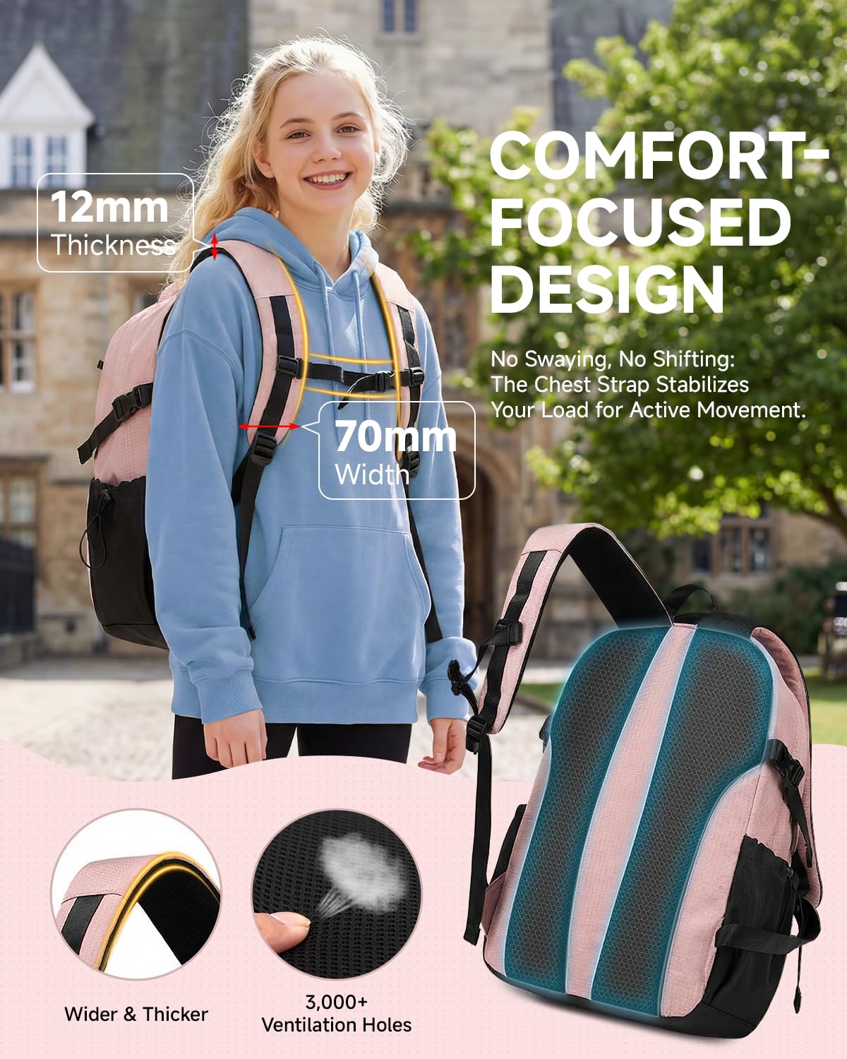 Sac à Dos pour Adolescents Filles - Grand Cartable Fille Respirant de 32L pour le College Lycée et Universités - Sac a Dos Loisirs Tendance pour Portable 15.6", Rose