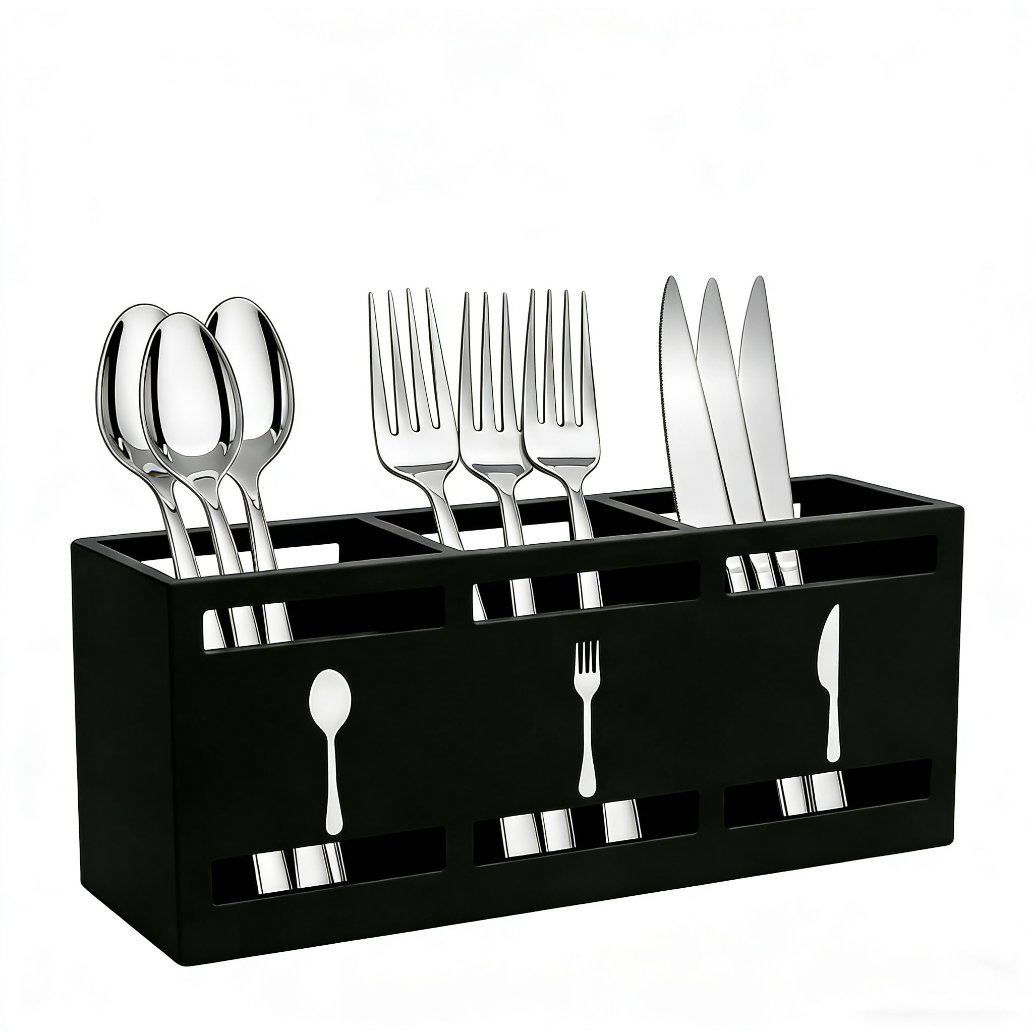 Porta utensili da cucina in legno nero – 3 scomparti cucchiaio e portaposate con manico e cuscinetti antiscivolo per riporre utensili da cucina ordinati