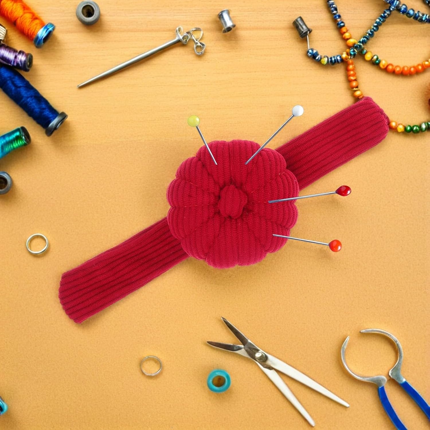 INOOMP Pumpkin Wrist Pin Cushion Corduroy Sewing Pincushions for Quilting and Needlecrafts Elastic Band Needle Holder Bracelet for DIY Sewing Accessories