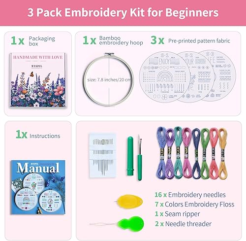 Miniatura 8 de ETSPIL Kit de bordado de 3 juegos para adultos principiantes, aprende 33 puntadas diferentes, incluye patrón de flores estampadas, aro, hilos de