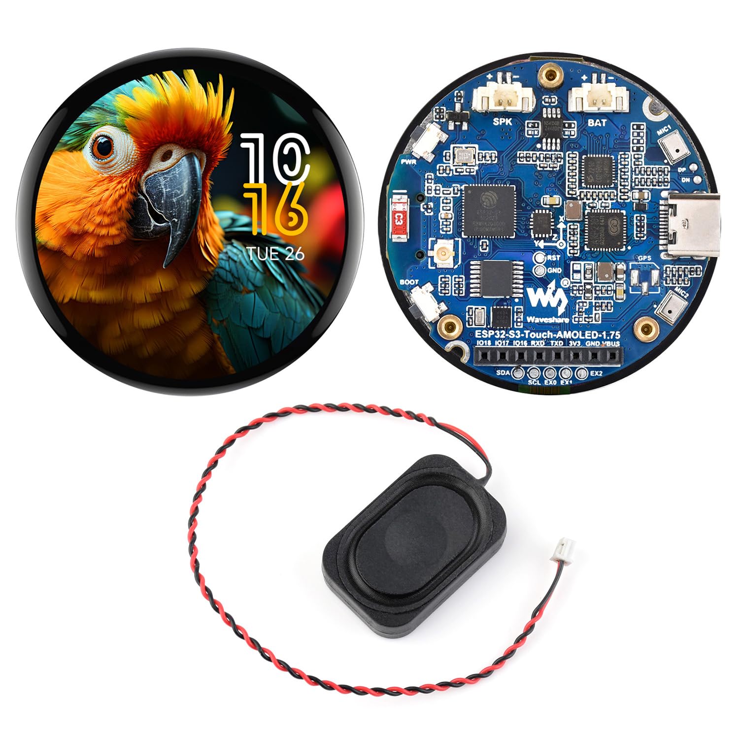 Waveshare ESP32-S3 1.75inch AMOLED Round Touch Display Development Board(Without Case & GPS), 32-Bit LX7 2-Core Processor, 466x466, QSPI Interface, Dual Digital Microphones Array, ESP32 with Display