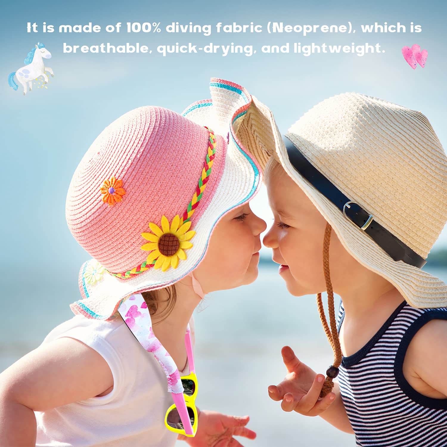 Diseño de retenedor de gafas para niños con material de neopreno flotante, correa ajustable sin cola para niños/niñas, paquete de 2
