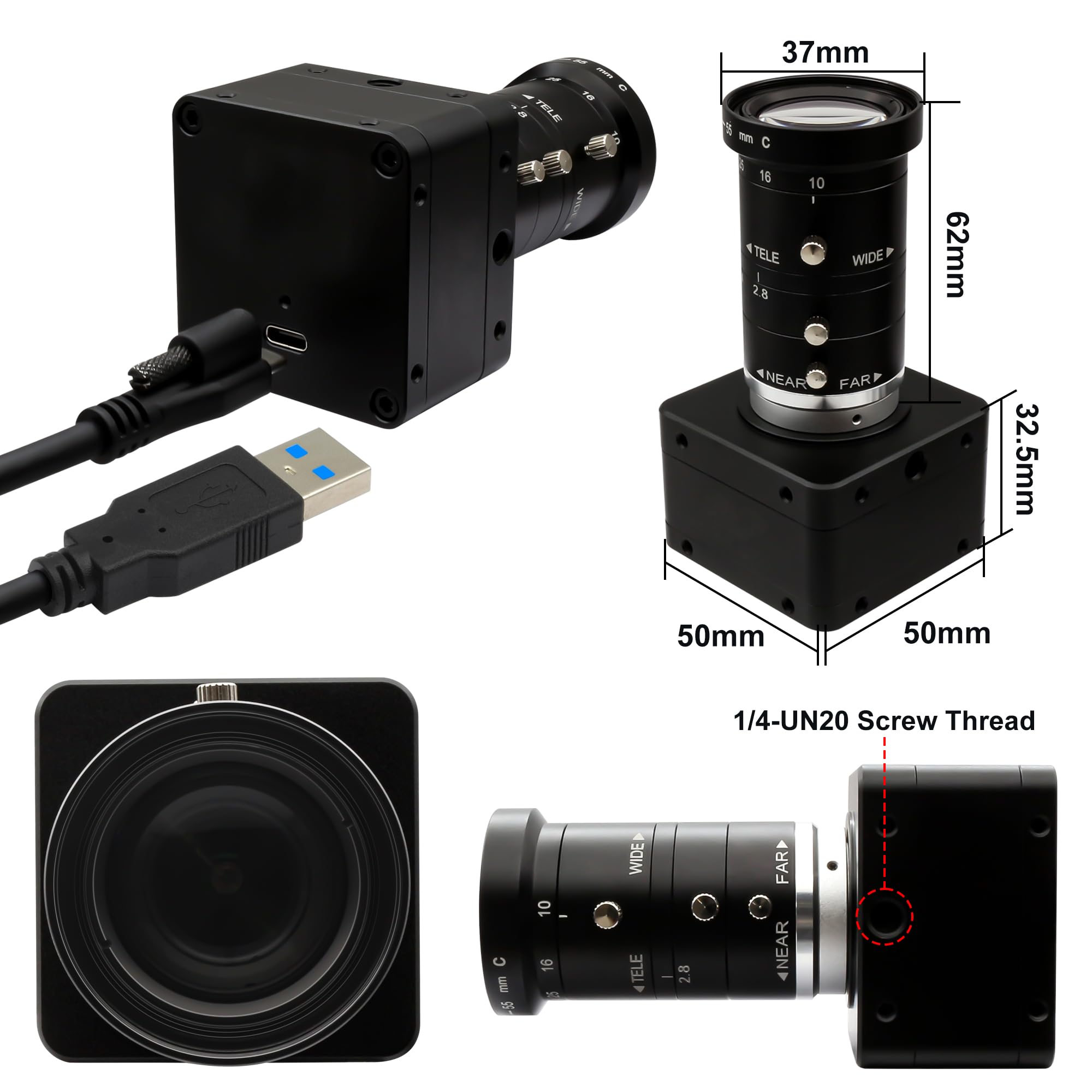 Svpro Fotocamera USB 3.0 ad alta velocità 1080P/230fps, 4K/60fps, 12MP/30fps, 12MP zoom Webcam con obiettivo CS Mount 10-55mm, messa a fuoco manuale, fotocamera UVC per Windows, Linux, Mac e Android