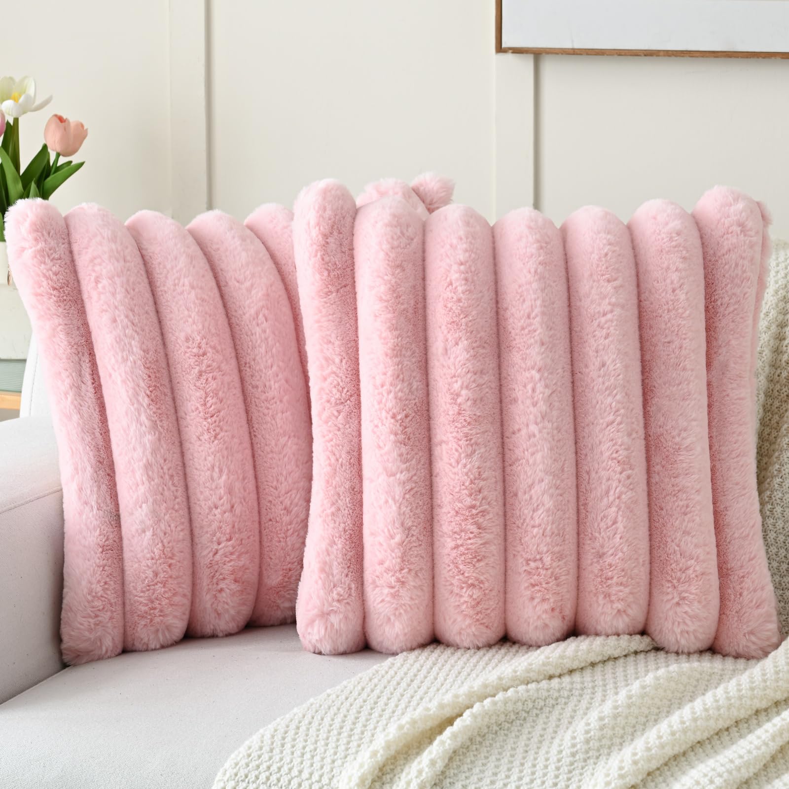 FUTEI Set of 2 Fluffy Faux Rabbit Fur Cushion Covers 40 x 40 cm,Pink — image 1