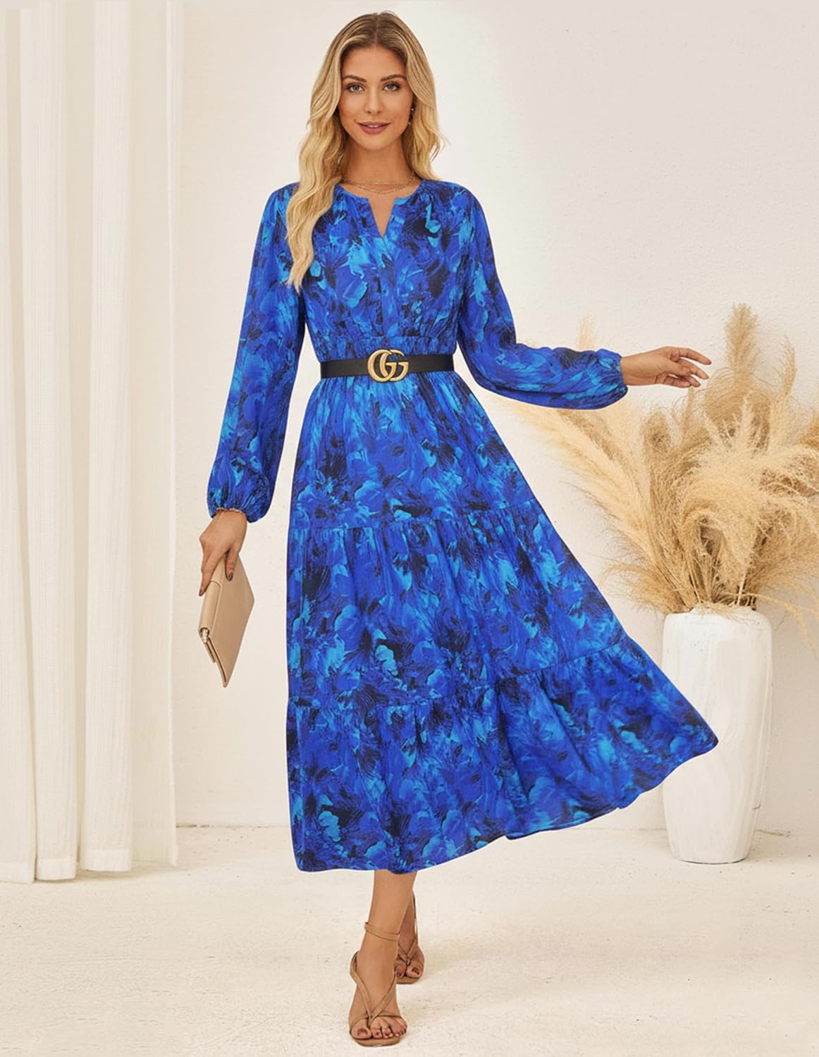GRACE KARIN Long Sleeve Dress for Women 2026 Spring Wedding Guest Dress Floral Boho A Line Flowy Maxi Dresses with Pockets - Image 2