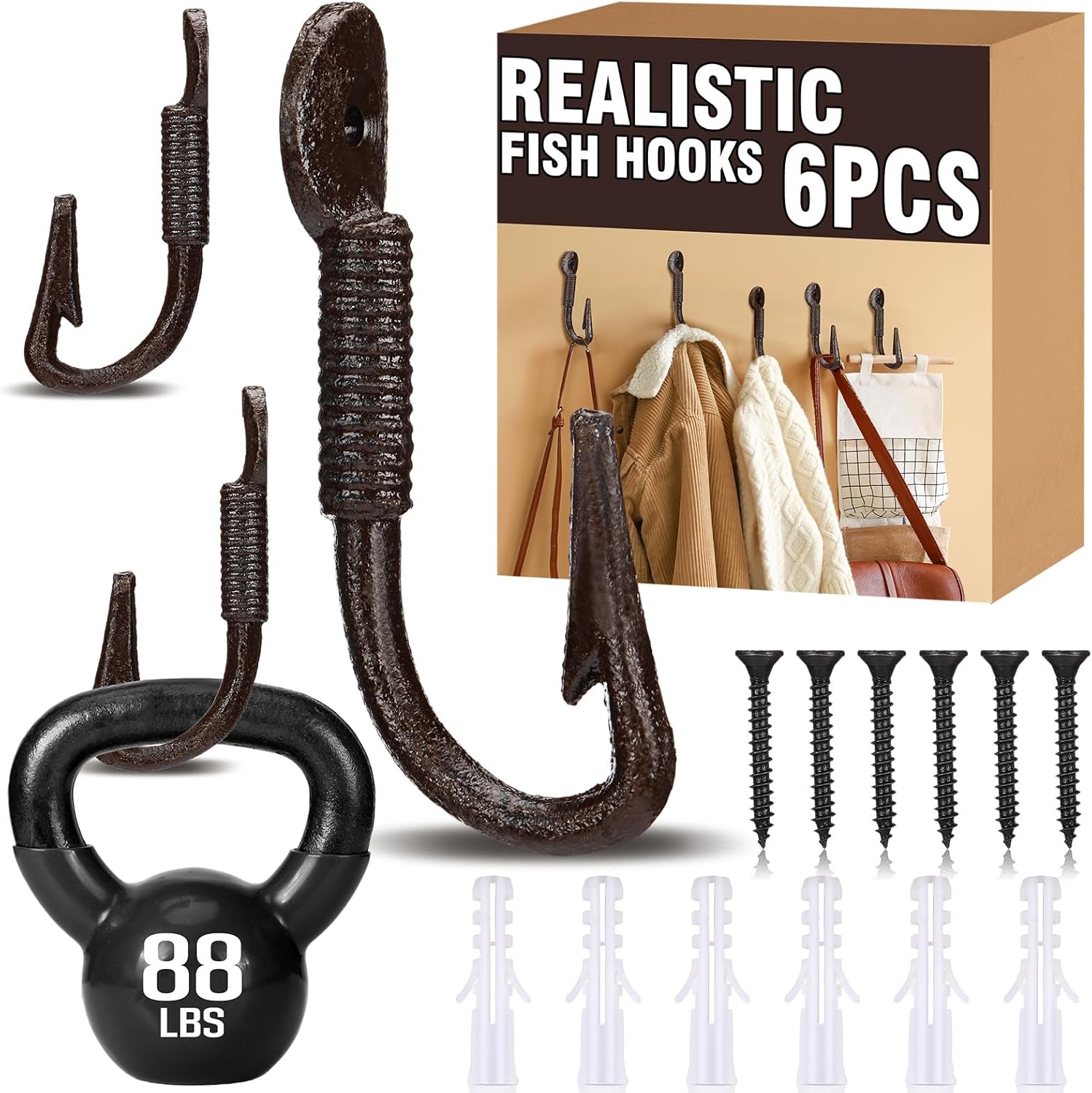 Duraaamo 6 Pcs Realistic Fish Hooks for Hats Solid Cast Iron Rustic Brown Fish Hook Wall Mount 4.5" x 2" Coastal Themed Wall Hangers for Coats Bags Keys