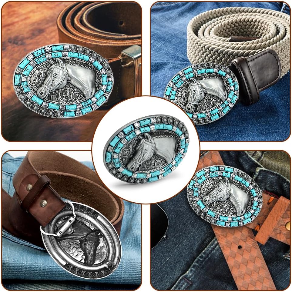 Superkred Western Cowboy Belt Buckle for Women - Turquoise Cowboy Horse Belts Buckle for Woman Man, Silver Belt Buckles