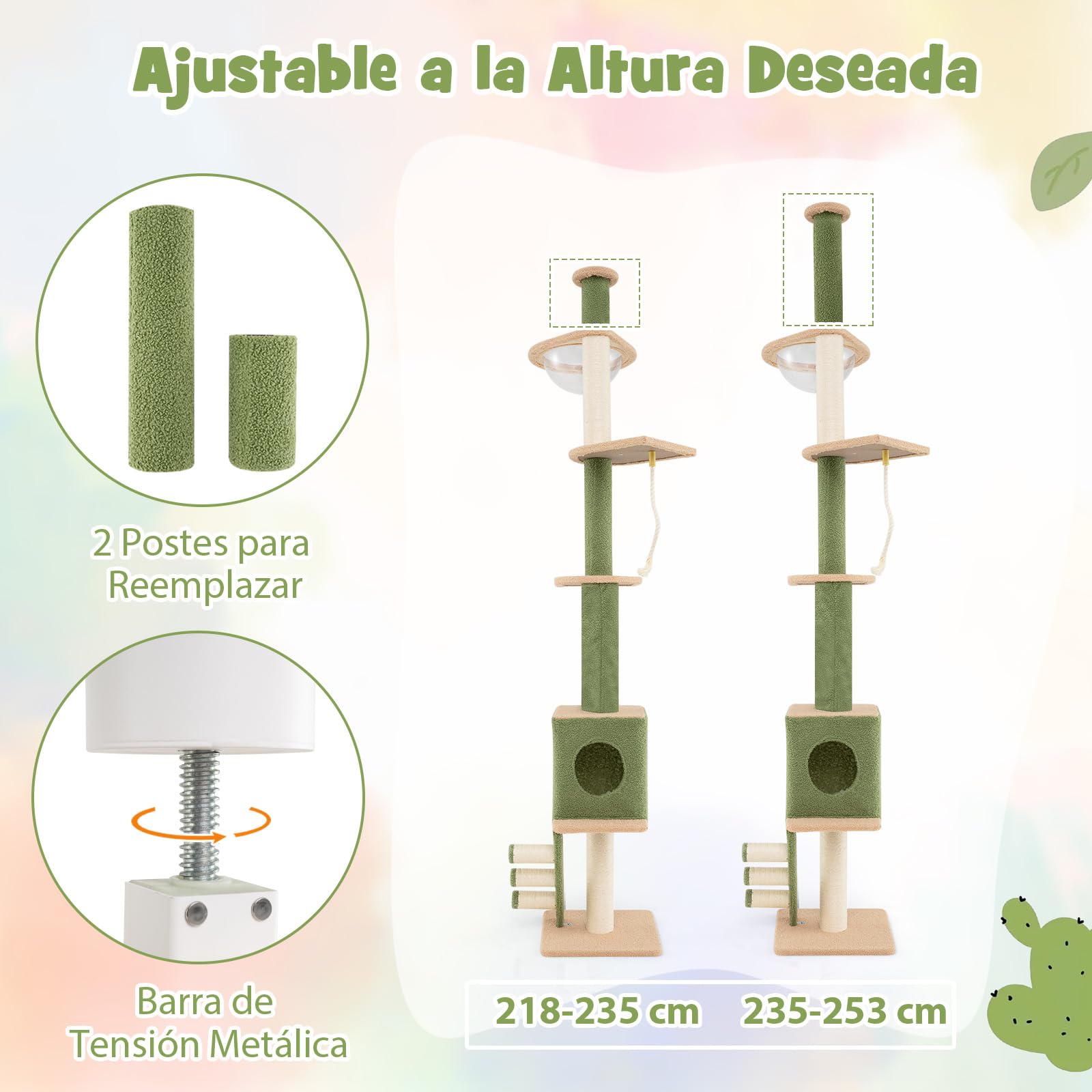 COSTWAY Árbol para Gatos de Suelo a Techo, Rascador para Gatos de 218-253 cm, Torre para Gatos con Cápsula Transparente, Condo, Postes de Rascado de Sisal, Cuerda, Árbol de Actividad para Gatos