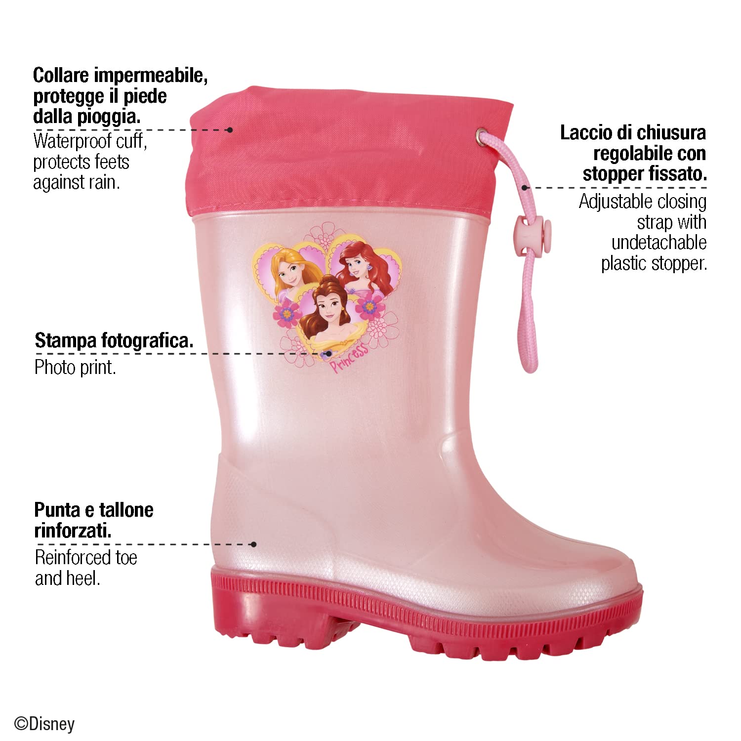 PERLETTI Botas de Agua Niñas Impermeables Princesas Disney - Zapatos de Lluvia Color Rosa Rapunzel Ariel Belle - Botines para Pequeñas Fucsia con Suela Antideslizante en PVC