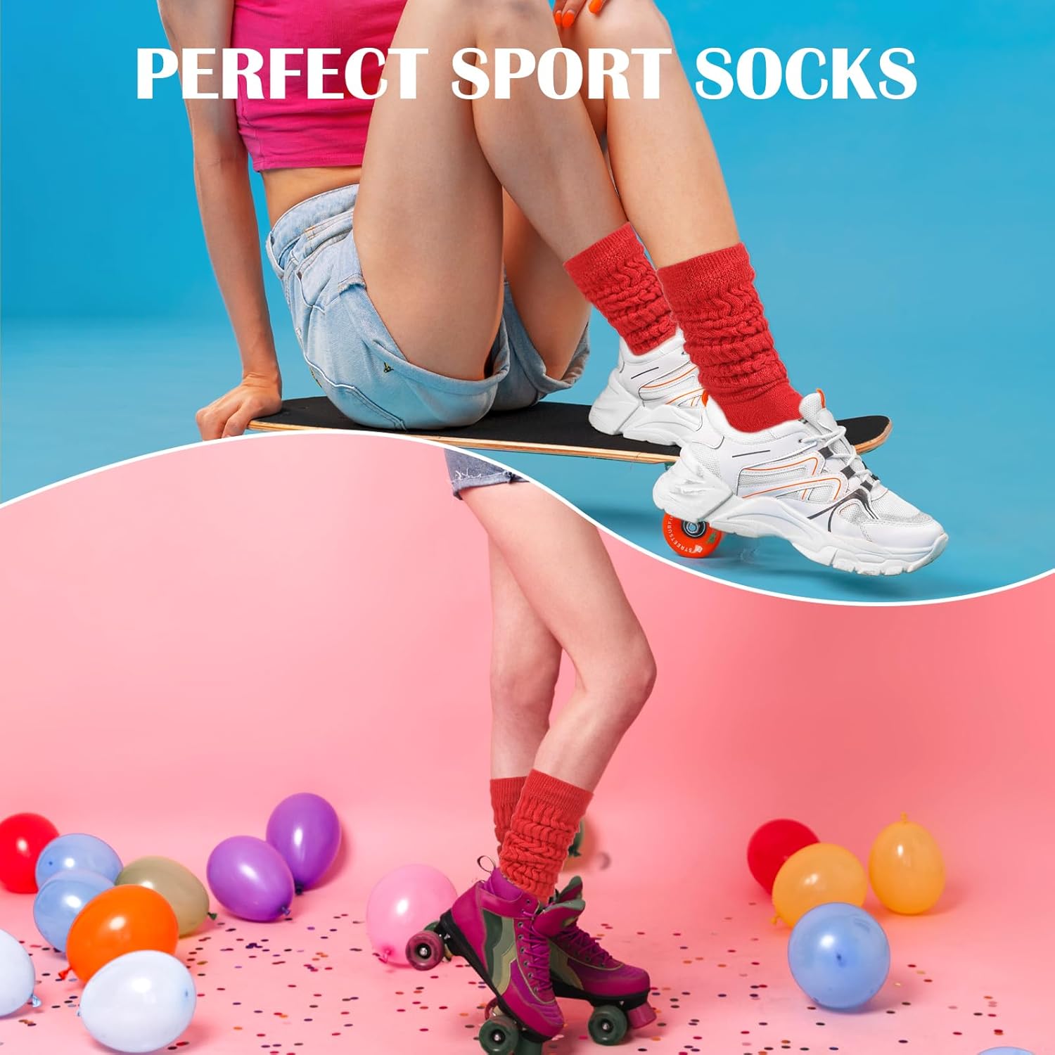 Knee High Red Socks Slouch Socks Long Red Socks for Women Girls 80s 90s Socks Stacked Socks Boot Socks Red Tube Socks Long Scrunch Socks - Image 7