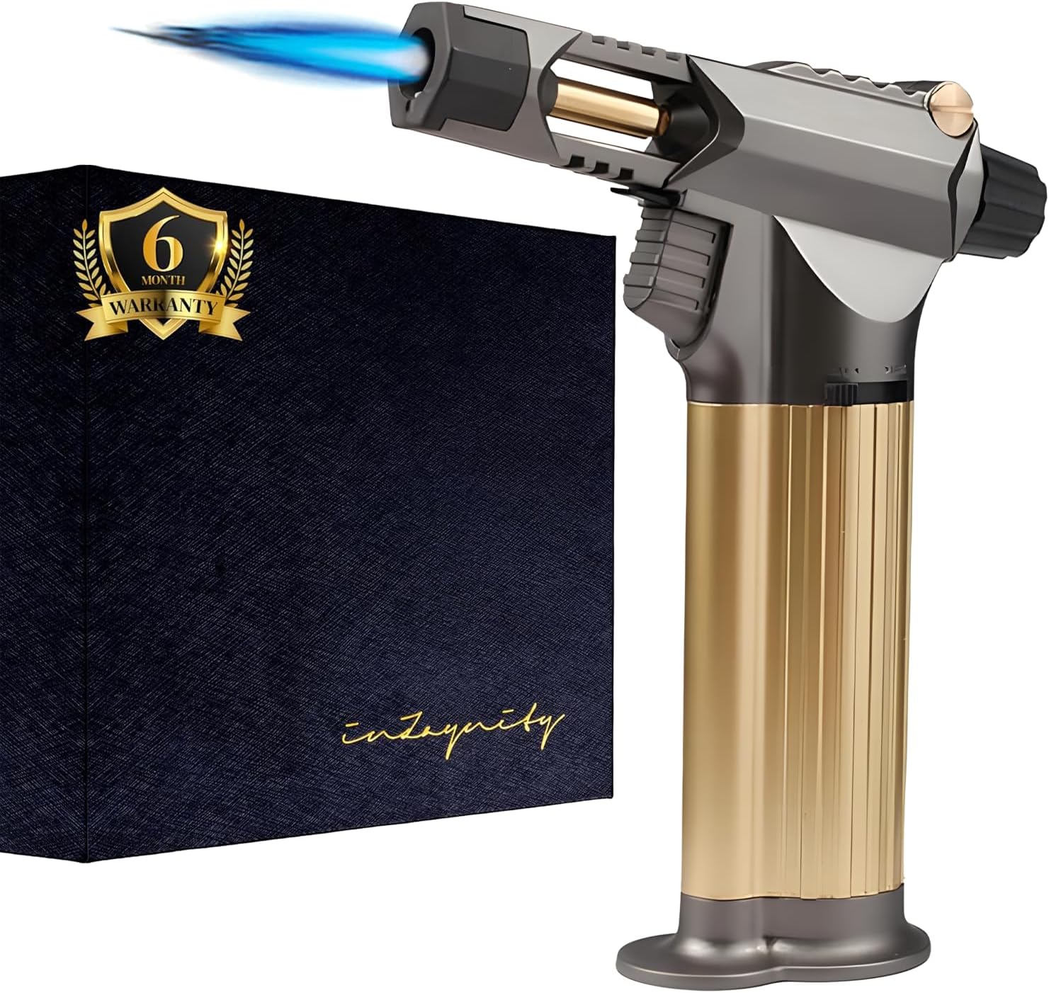 inZaynity Butane Torch Lighter - "The Beast" - Refillable Kitchen Torch with Safety Lock & Adjustable Flame - Butane Blow Torch Lighter for Creme Brulee, Welding, Soldering & Cooking (Gold Gun)