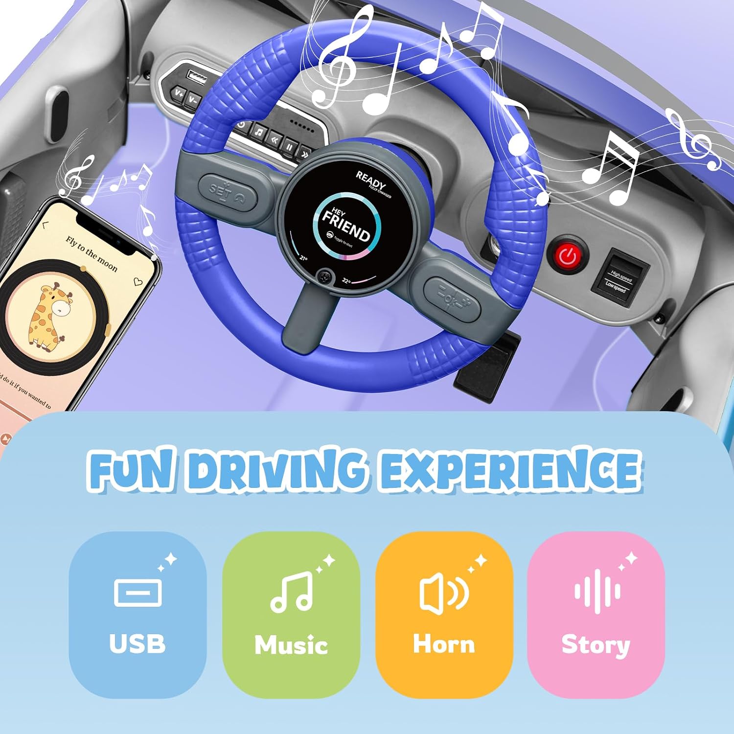 XCAR 12V Kids Electric Car, Power Wheels with Remote Control, Ride on Car Toys with LED Light, 3 Speeds, Purple