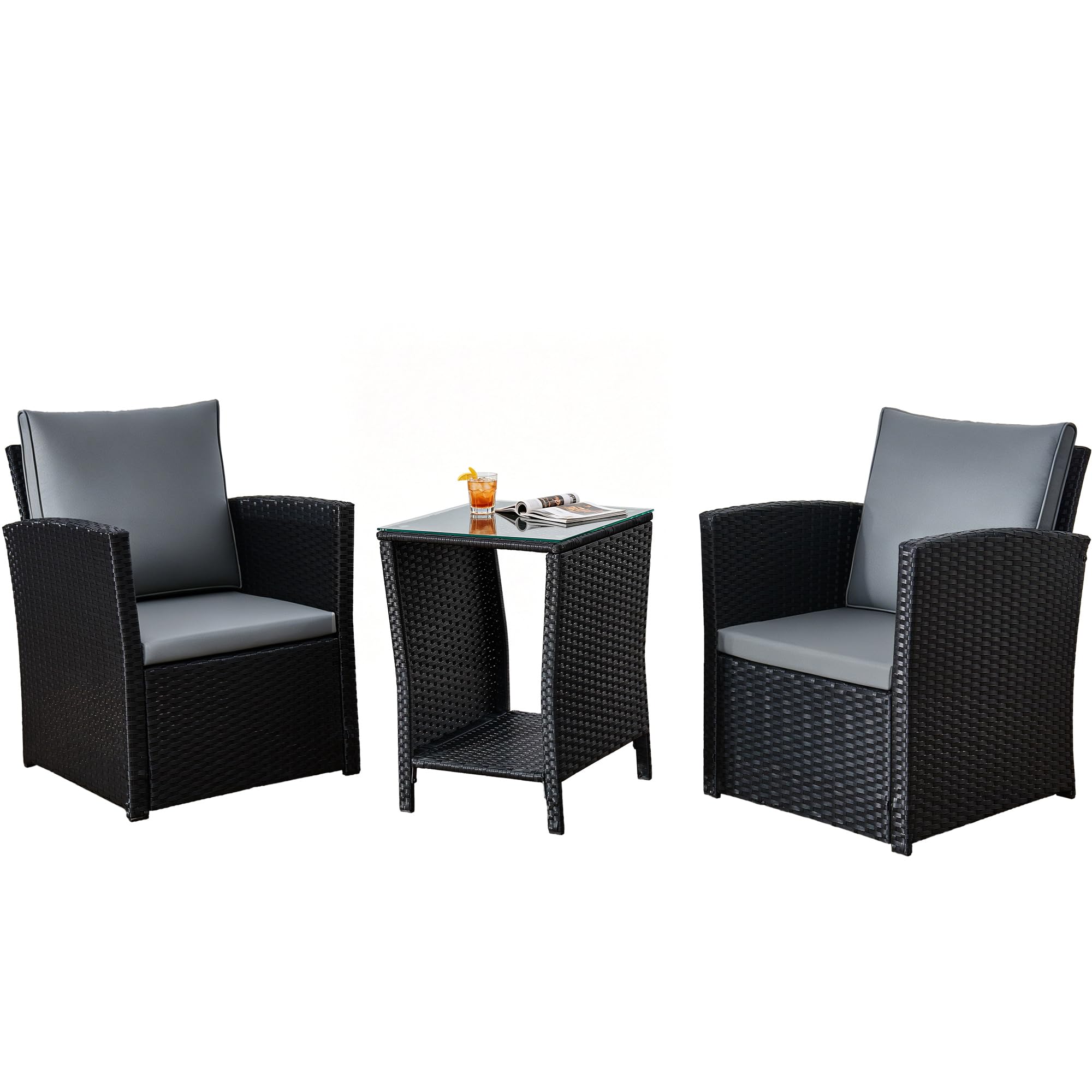 rattanstar 3 Pieces Rattan Garden Furniture Set, Bistro Sets for 2 For Garden, Outdoor Patio Furniture Set with 2-Tier Side Table & Thick Cushions Chairs, PE Wicker Sofa Set for Balcony Backyard