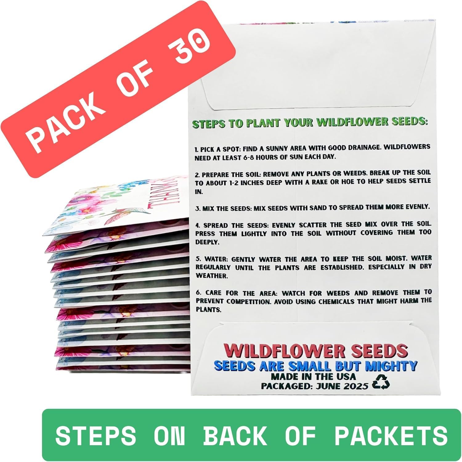 Wildflower Seed Packets Thank You Bunches Party Favors (Pack of 30) - Express Gratitude Prefilled with Wildflower Seed Mix, Great Addition or Alternative to Thank You Cards (Pink Hummingbird)