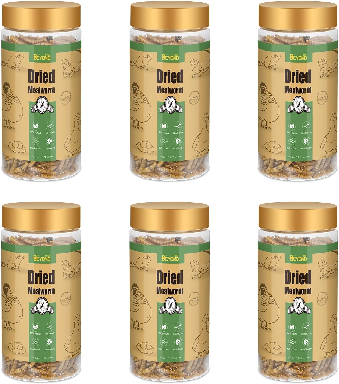 BeyondFeed™Small Bottle Dried Mealworms & Black Soldier Fly Larvae High-Protein Feed for Chickens, Ducks, Birds, Reptiles, Fish, Hamster, Turtles (6 (1.23 oz/35 g) Bottles Bundle, Dried Mealworm)