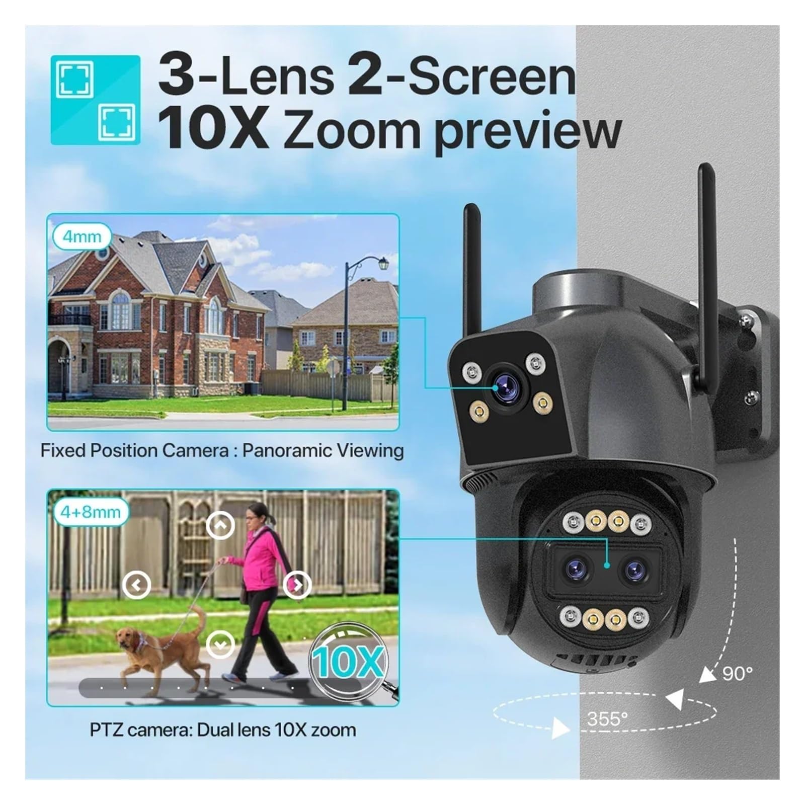 Kamera bezpieczeństwa, Kamera IP 4K HD 4G na zewnątrz 10-krotny Zoom trzy obiektywy podwójny ekran karta Sim kamera PTZ śledzenie AI monitorująca wideo CCTV(4K 4G Add 64G)