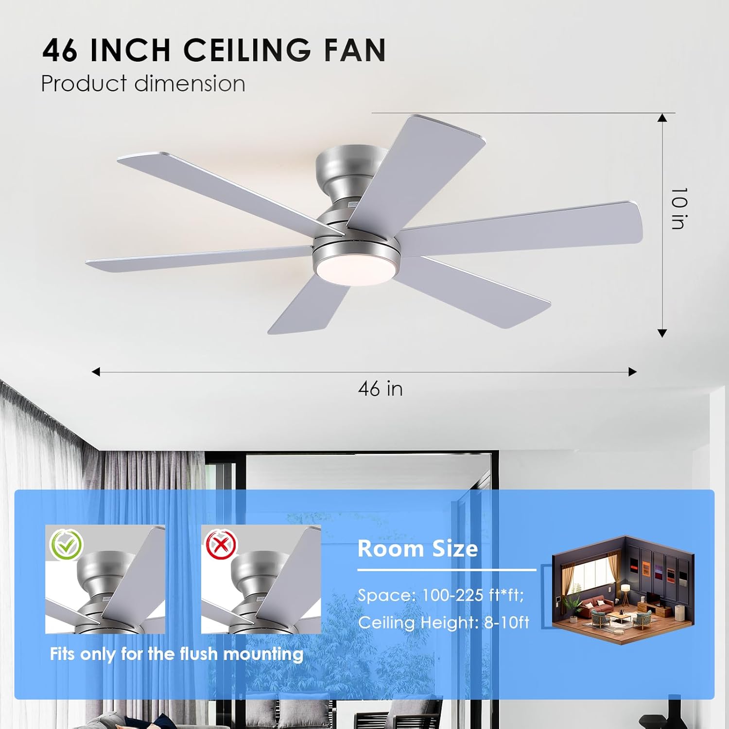 Asyko Ceiling Fans with Lights,46" Low Profile Ceiling Fan with Light and Remote Control, Flush Mount, Reversible, Dimmable, Quiet, Silver Small Ceiling Fan for Bedroom