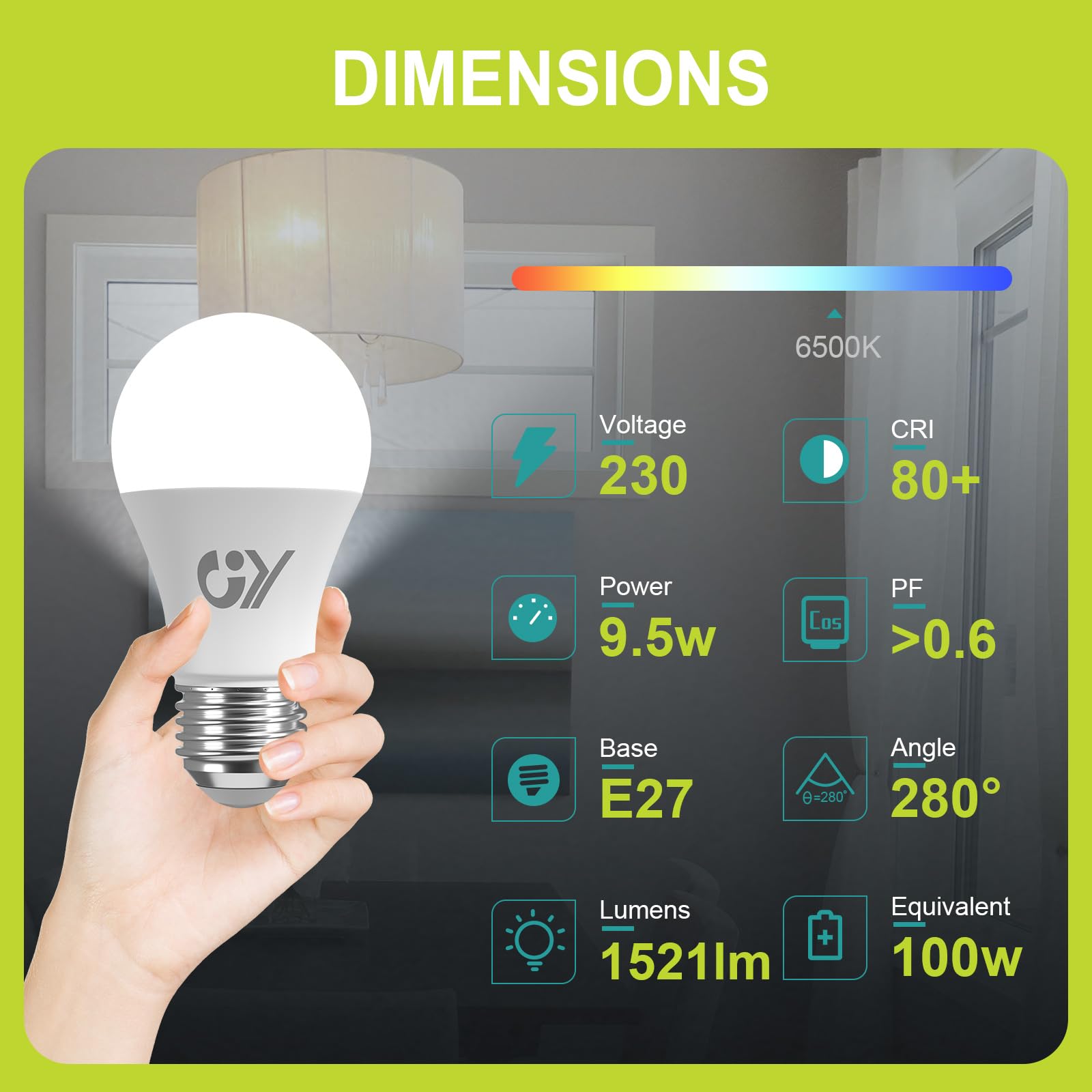 GY Bombillas Led E27 Luz Fría 6500K - 9,5W Equivalente a 100W - 1521 Lúmenes, No Regulable - A60 Bombilla Led Esférica Caja de 2 Unidad