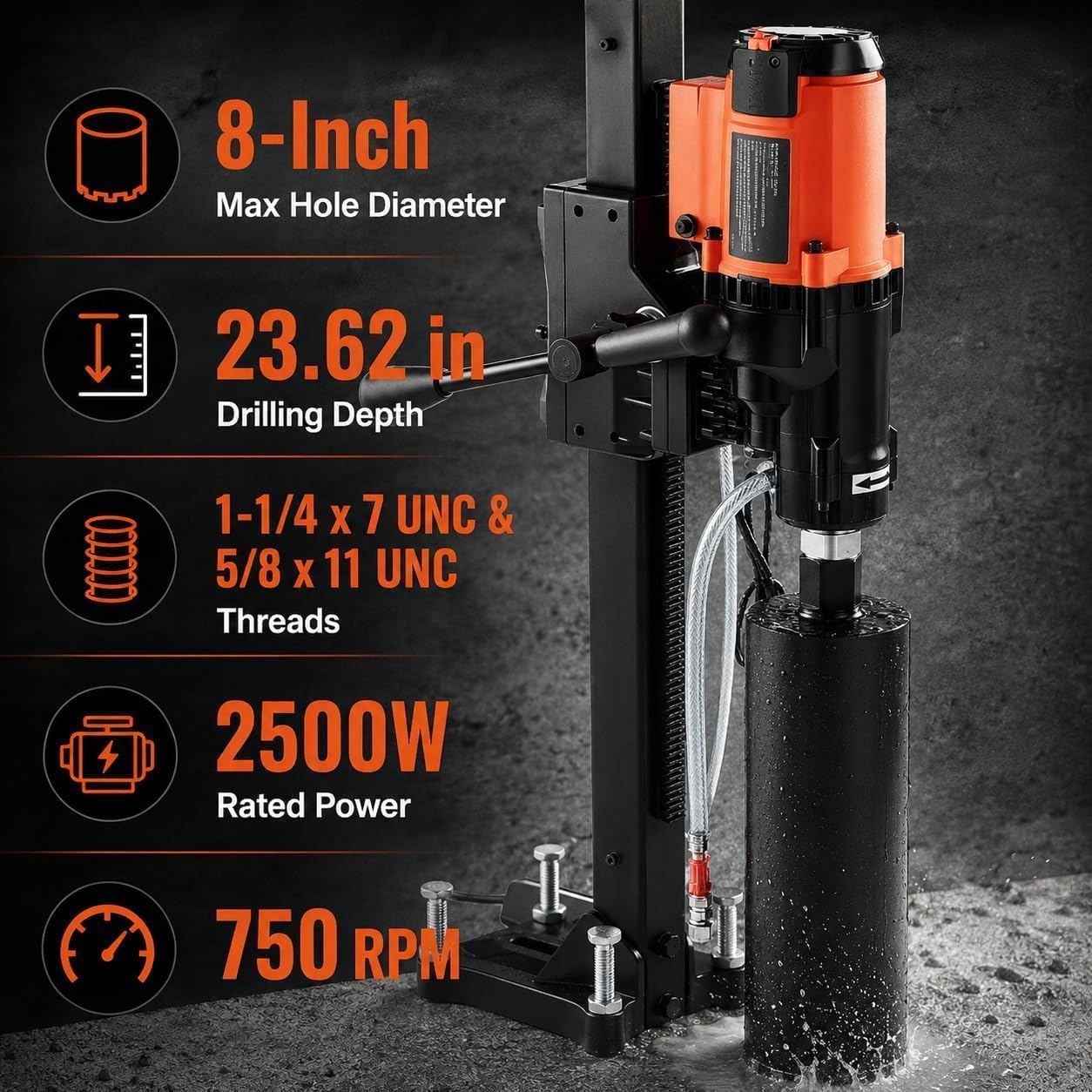2500W Wet & Dry Diamond Core Drill con supporto, capacità 8 pollici