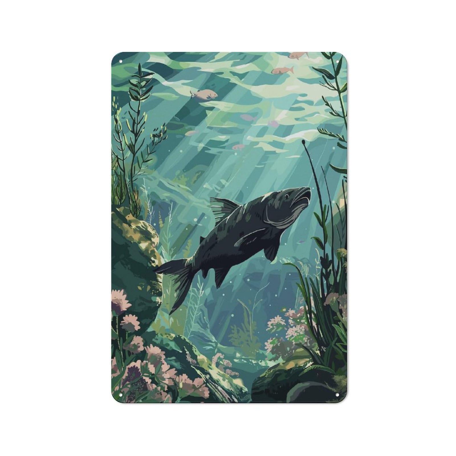 Junmoney Style-22 Metal Plaque 30X20cm With Fish Swimming Underwater For Pub Or Café, Vintage Decor, For Vintage Wall Decor Fans, For Metal Sign Collectors