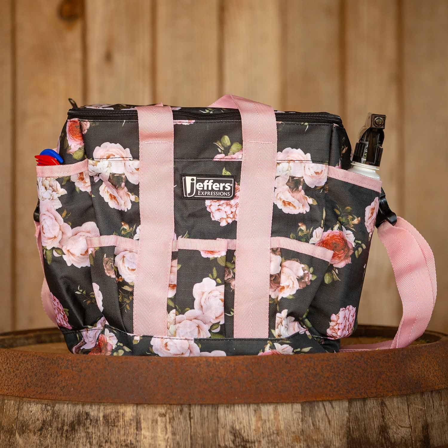 Jeffers Expression Deluxe Horse Grooming Bag – Large Zip Top Equestrian Tote w/Multiple Pockets, Handles & Adjustable Shoulder Strap, Padded Feet for Barn Essentials 11.5"x10.5"x8.5" - Rose Garden