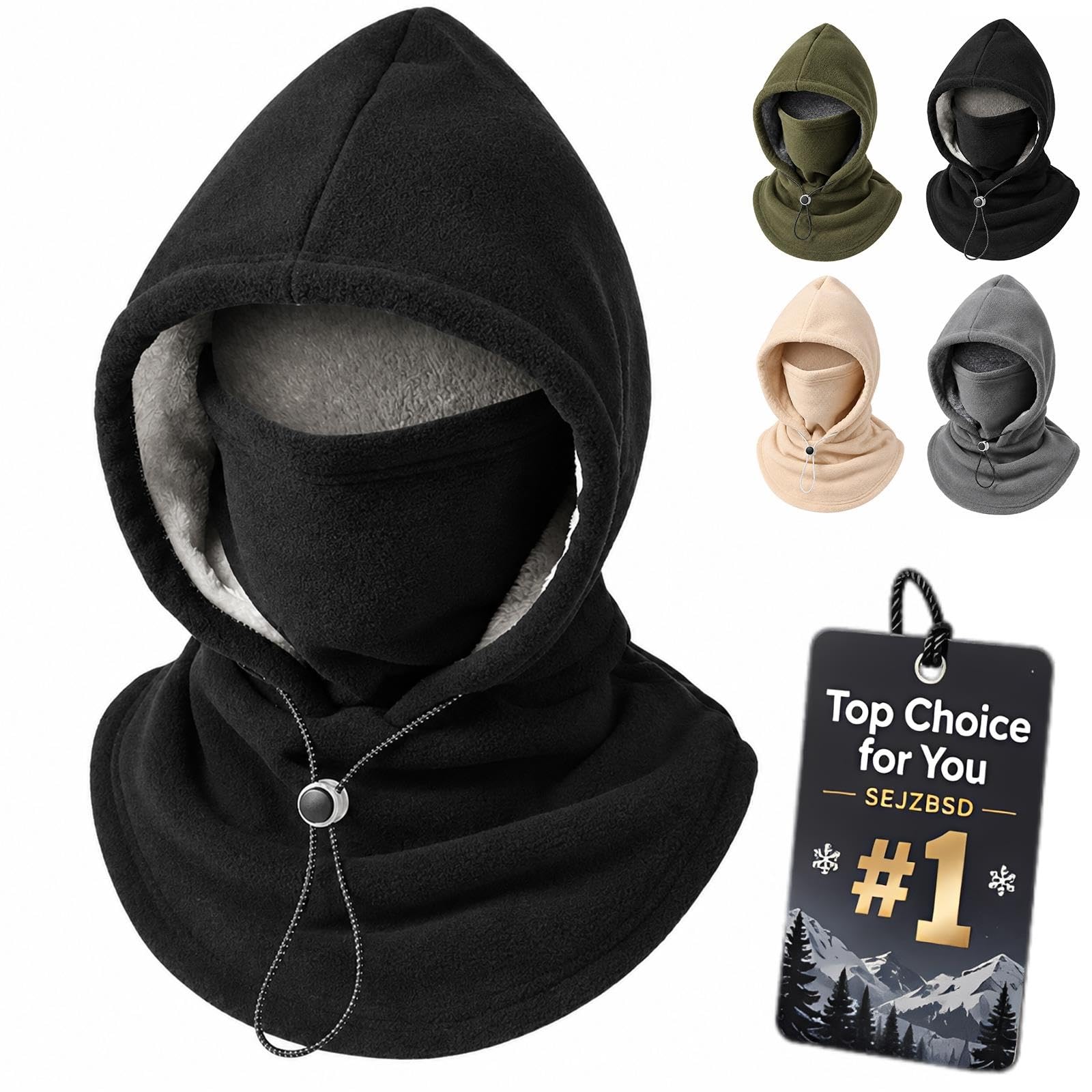 One Piece Flannel Warm Mask Hat Ski Winter Balaclava Hooded Face Covering | 3-in-1 Windproof Single Double Layer Fleece Lined with Adjustable Drawstring for Hiking Cycling Outdoor