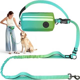 Kazazoo Waist Running Bungee Hands Free Dog Leash with Zipper Pouch for Walking Jogging Hiking, Adjustable Large Dog Leash for 35-140 LBS Dogs Cyan