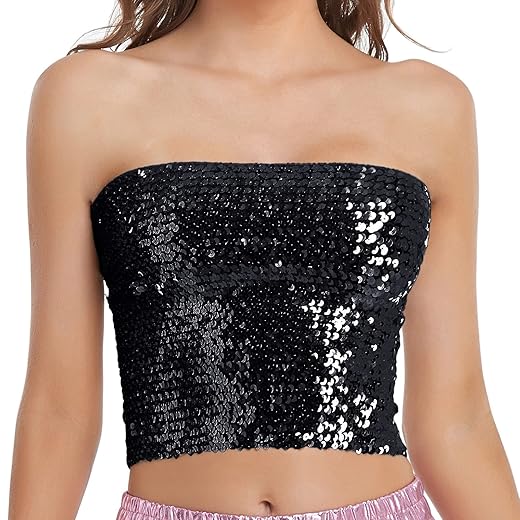 Womens Sparkly Sequin Mermaid Crop Tops, Strapless Metallic Tube Tops for Party Clubwear