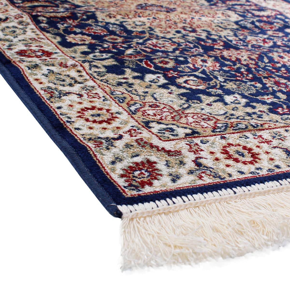 Tapis oriental perse classique SaRani avec frange dorée décor bleu bordeaux vert (140 x 200 cm, Bleu)