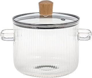 Wooden handle Glass Cooking Pot with Lid - 1900ML(68oz) Heat Resistant Borosilicate Glass Cookware Stovetop Pot Set - Simmer Pot with Cover Safe for Soup, Milk, Baby Food