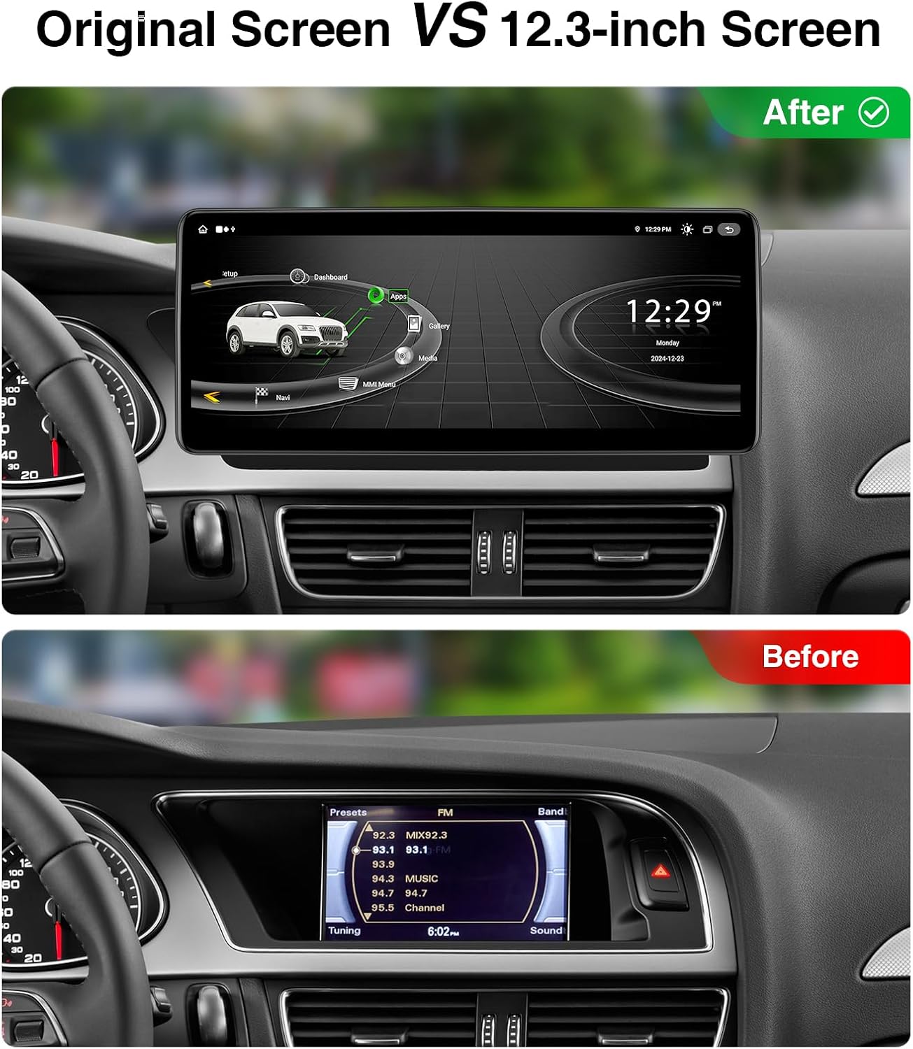 12.3" Wireless CarPlay Screen for Audi A4 /S4/ A5/ S5 /RS4/ RS5/ B8/ B8.5 |2009-2016 Multimedia | 4G RAM+64G ROM |Android13| Retain MMI Controls | 2400x900 IPS | 30-Band EQ