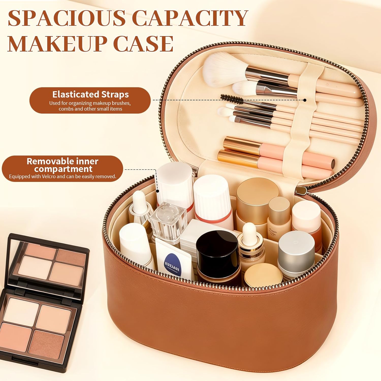 Zkptops Leather Makeup Bag Toiletry Bag Vanity Case Brown Makeup Bags Cosmetic Case for Women Travel Make Up Bags Organizers Portable Make Up Pouch Organizer with A Detachable Divider and Handle