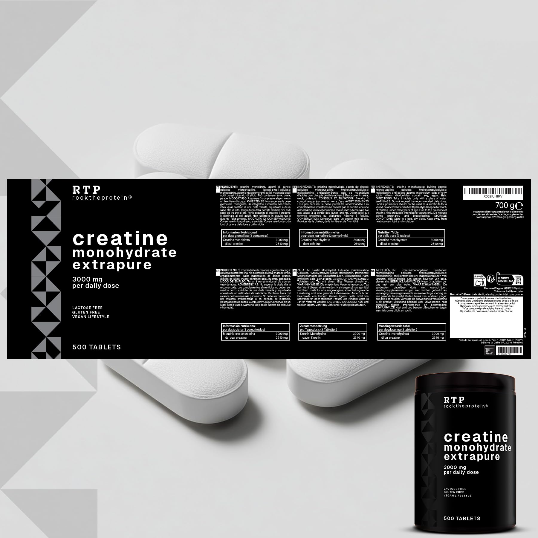 Creatina Monoidrata Compresse RTP – da 3000 mg Creatine Monohydrate – Creatina Pura in Pastiglie – Integratore per Sport, Palestra e Post Workout – 500 Compresse Senza Glutine, Senza Lattosio