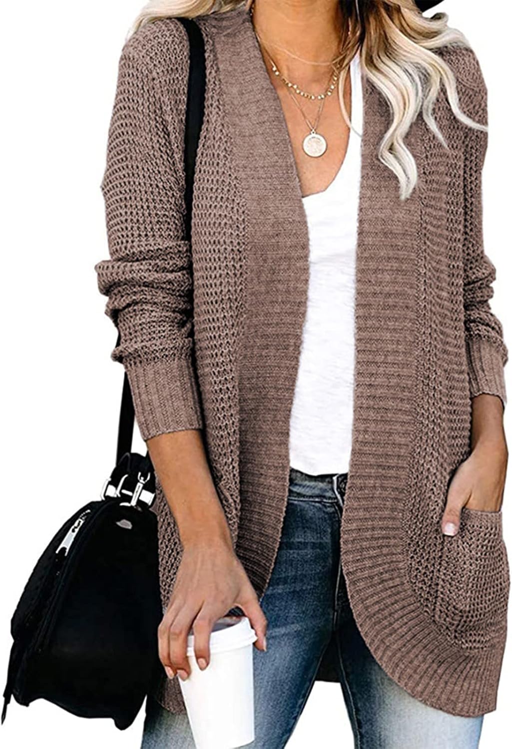 Ymosrh Women's Fall Dresses Casual Loose Solid Color Long Sleeve Cardigan Sweater Top Outwear Dresses