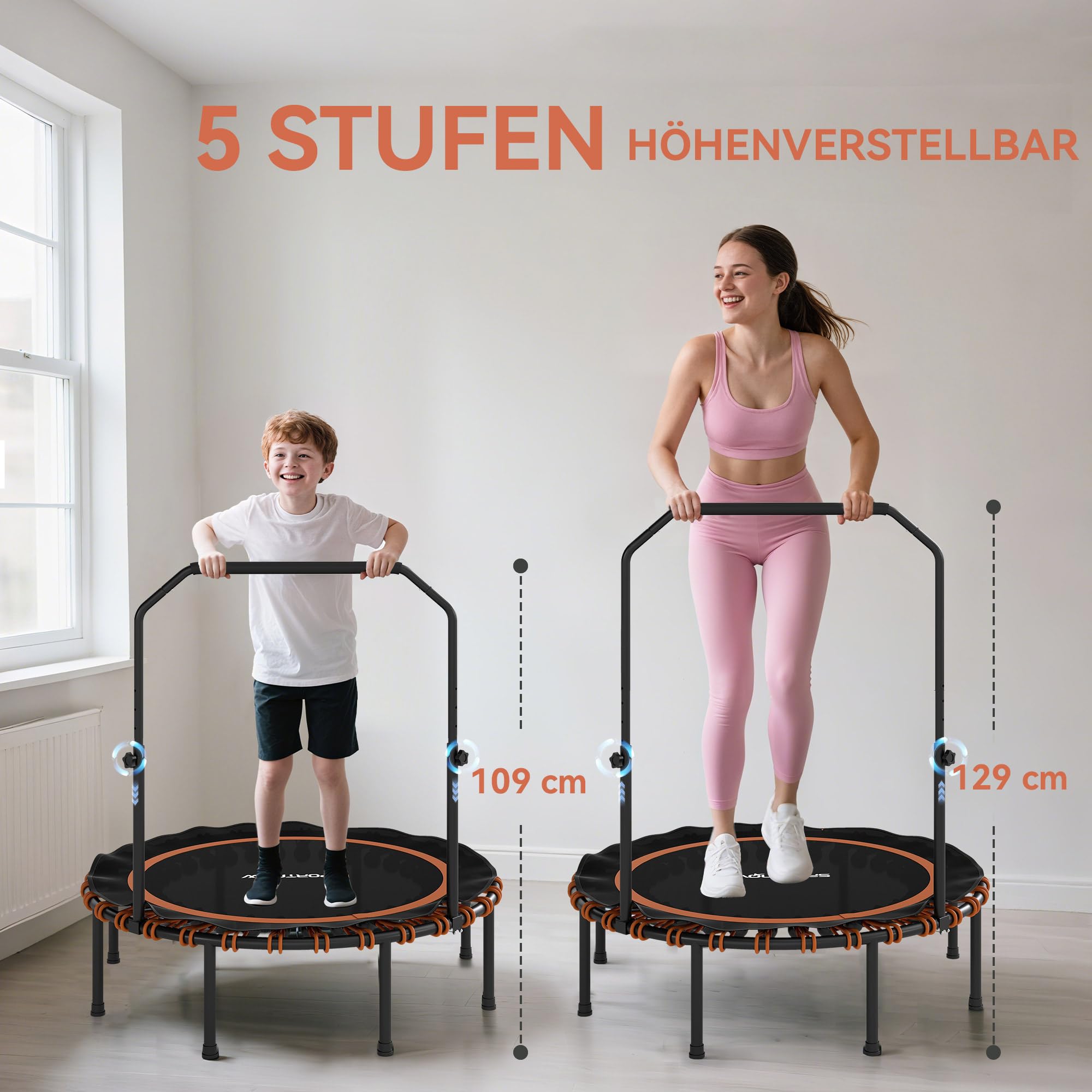 SPORTNOW Fitness Trampolin Ø114/122 cm klappbar Mini Trampoline mit 5 verstellbaren Handgriffstufen, leise Gummiseil, Trampolin für Erwachsene Trampoline für Indoor Outdoor Jumping
